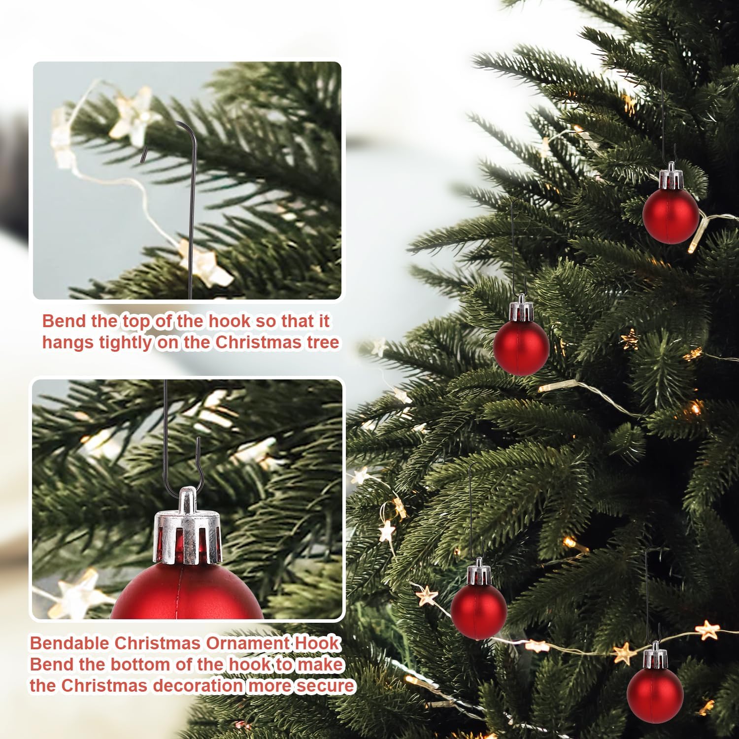 200 ganchos para adornos de Navidad, 2.4 x 0.5 pulgadas, ganchos para adornos de árbol de Navidad en forma de C con caja de almacenamiento, ganchos