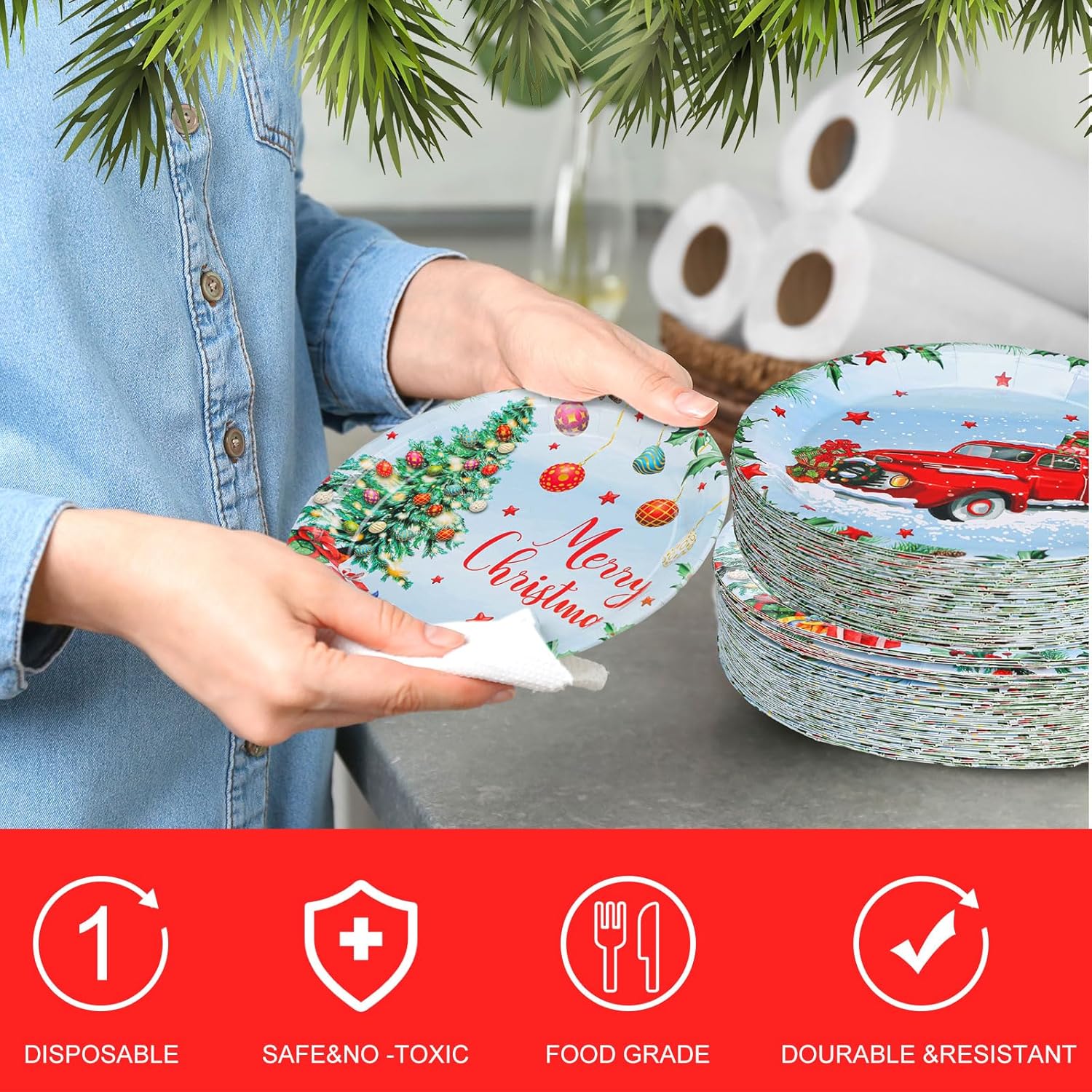 Juego de vajilla desechable de 350 piezas, sirve 50 unidades, platos de papel para camión de Navidad, servilletas de árbol de Navidad, tazas,