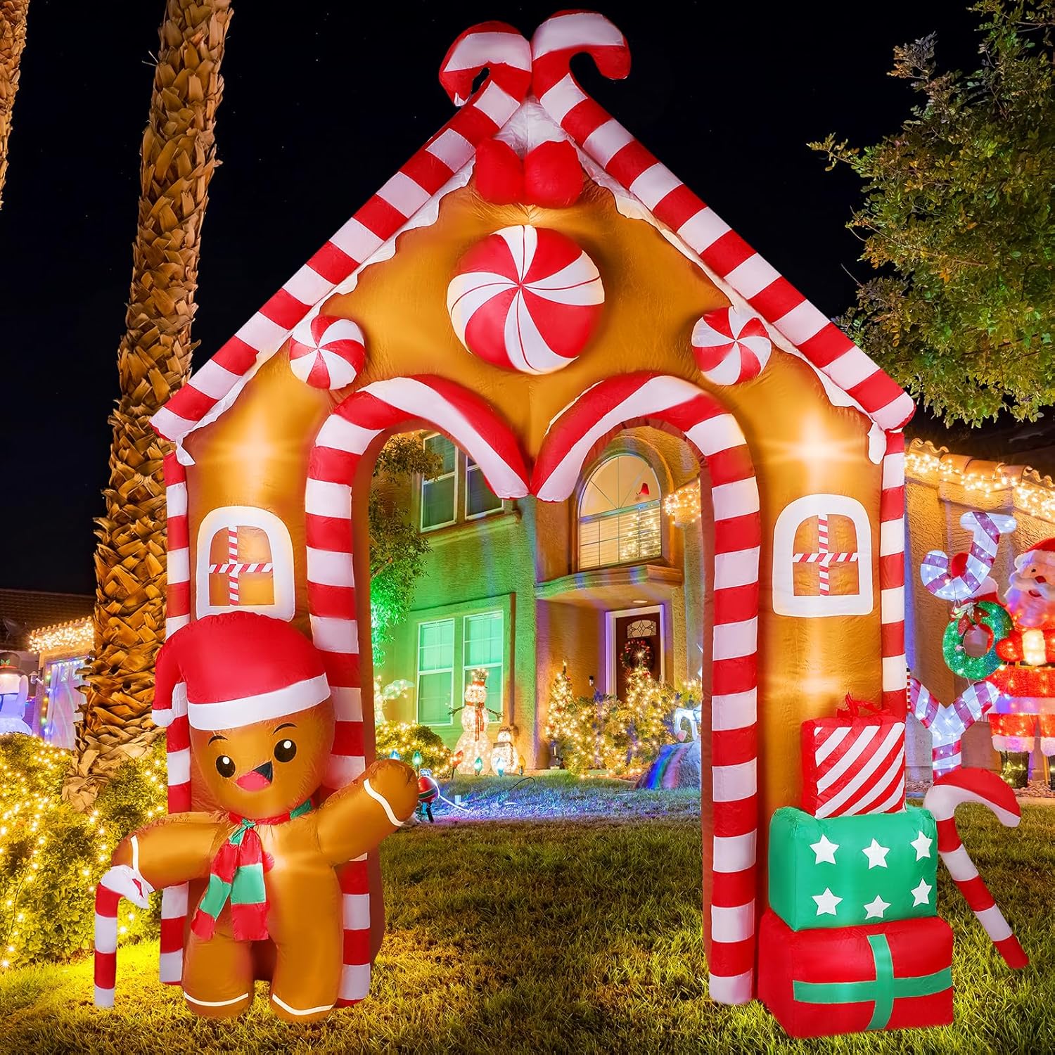 Casa de jengibre inflable de Navidad de 10 pies, arco, hombre de jengibre, decoración de galleta y bastón de caramelo con luces LED, juego para