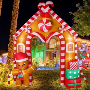 Casa de jengibre inflable de Navidad de 10 pies, arco, hombre de jengibre, decoración de galleta y bastón de caramelo con luces LED, juego para Casa de jengibre inflable de Navidad de 10 pies, arco, hombre de jengibre, decoración de galleta y bastón de caramelo con luces LED, juego para