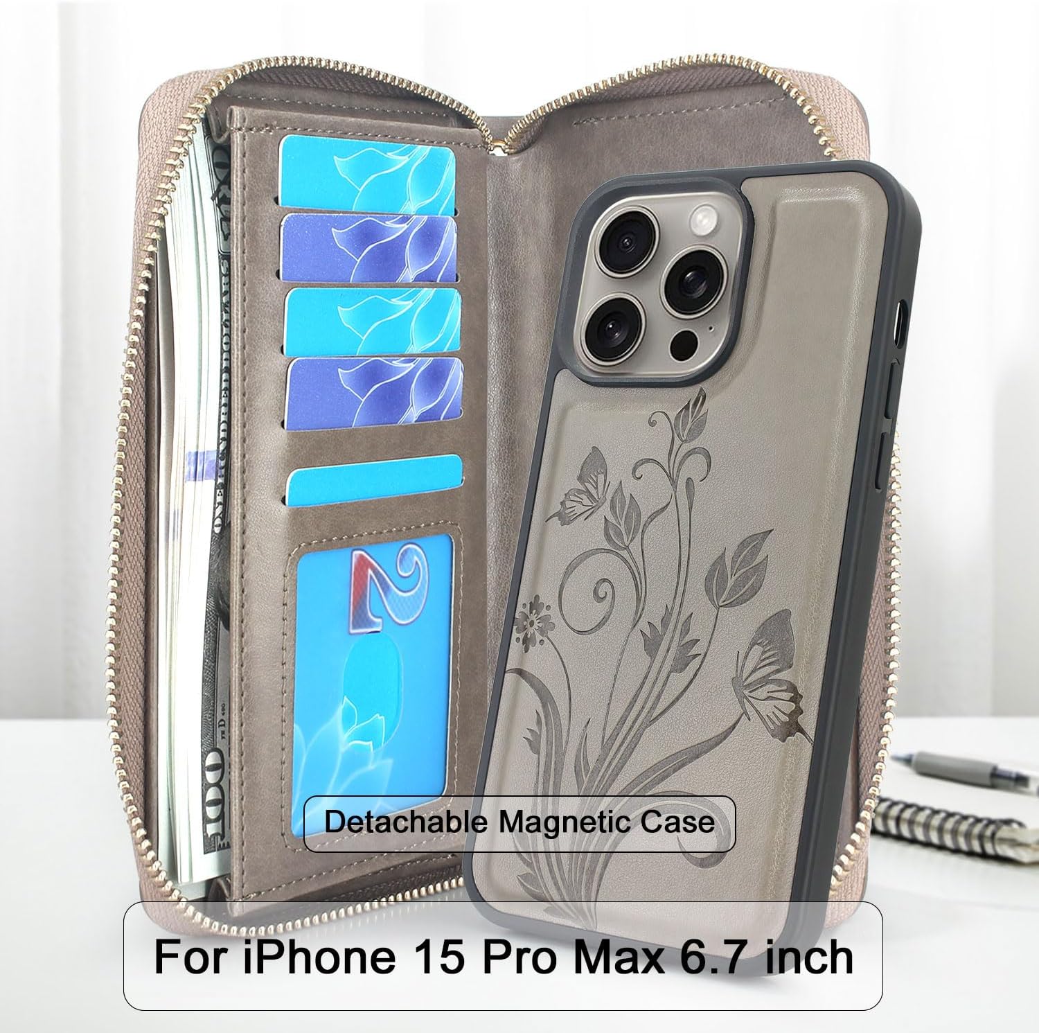 Lacass Funda tipo cartera compatible con iPhone 15 Pro Max de 6.7 pulgadas 2023, funda cruzada de cuero desmontable con doble cremallera para