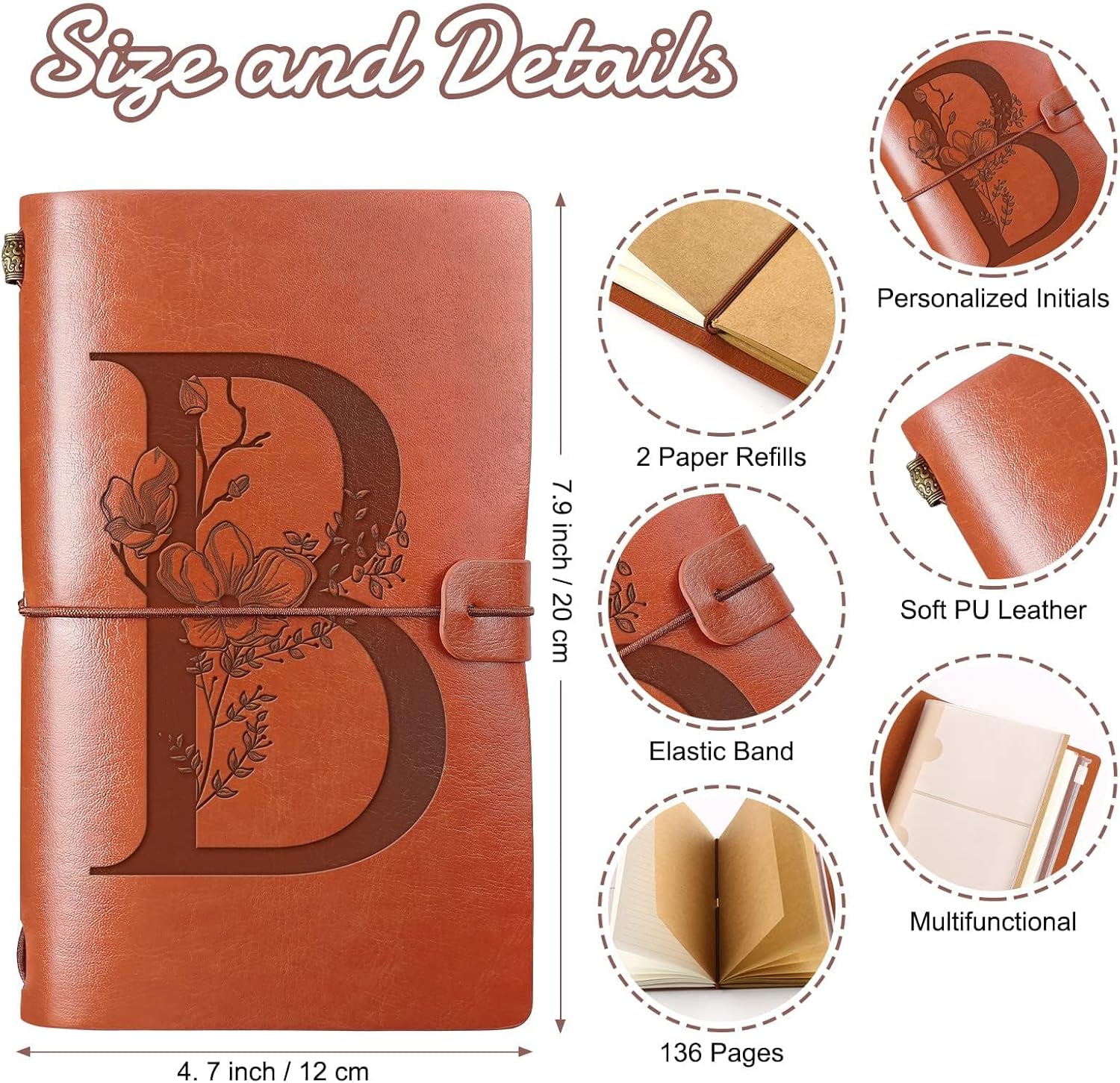 Diario de viaje de cuero con inicial, cuaderno con monograma, regalos de agradecimiento, diario personalizado, bloc de notas de escritura para