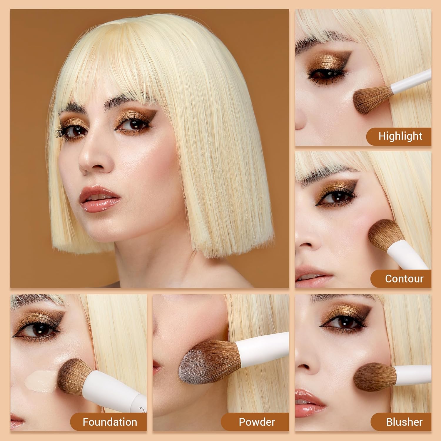 Jessup Juego de 5 brochas de maquillaje facial, cepillo de base suave vegano, brocha para rubor, bronceador, brocha de contorno iluminador, cepillo