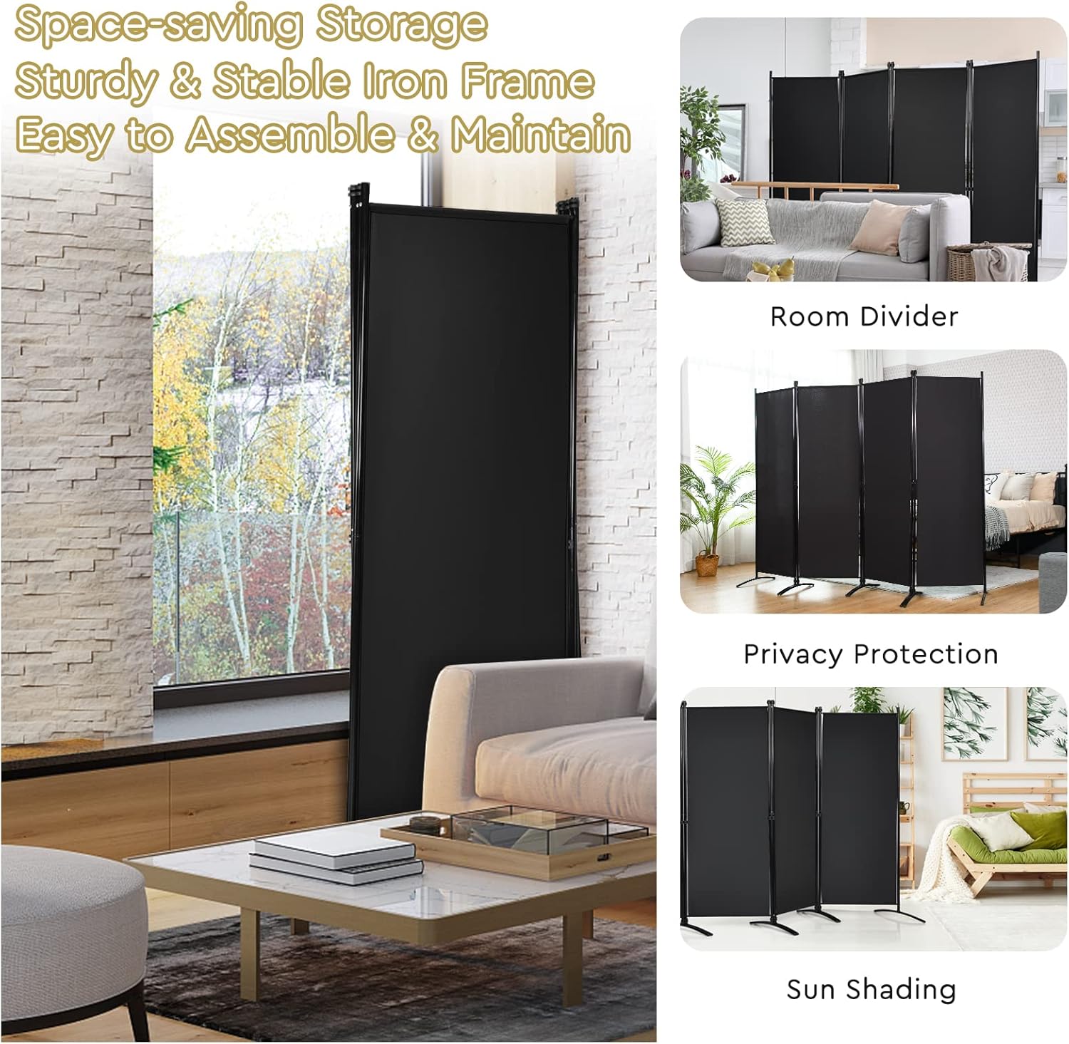 Giantex Divisor de habitación de 4 paneles de 5.6 pies de alto, color negro, pantalla de privacidad plegable portátil ligera, divisor de pared