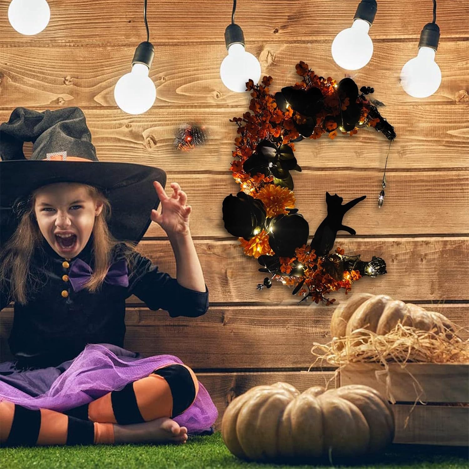 Corona de Halloween, luna y gato con rosa, guirnalda de corona de Halloween negra para puerta delantera, ventana, decoración de pared, bonita corona