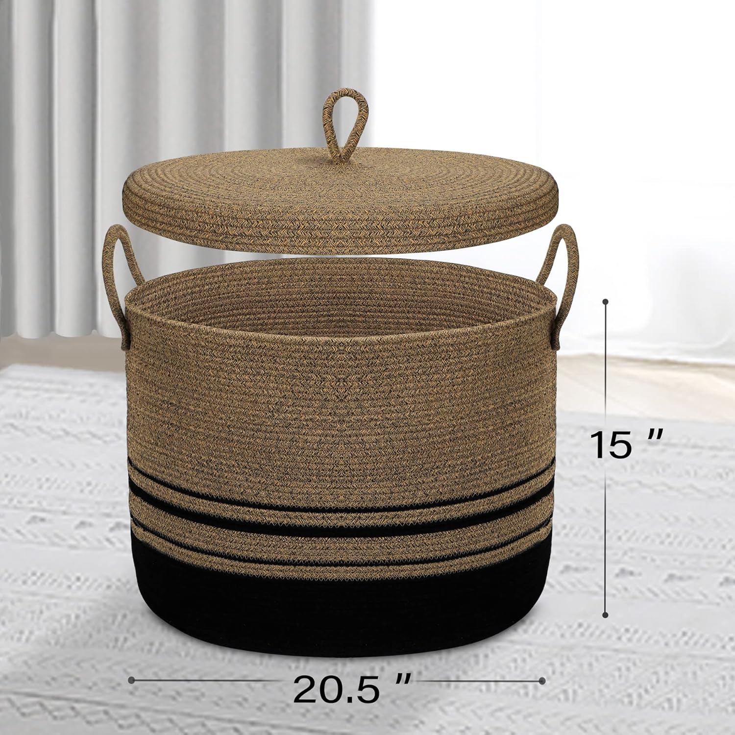Cesta de cuerda grande de 20.5 x 14.5 pulgadas con tapa, cesta de almacenamiento tejida para ropa sucia para bebé, canasta decorativa de juguetes