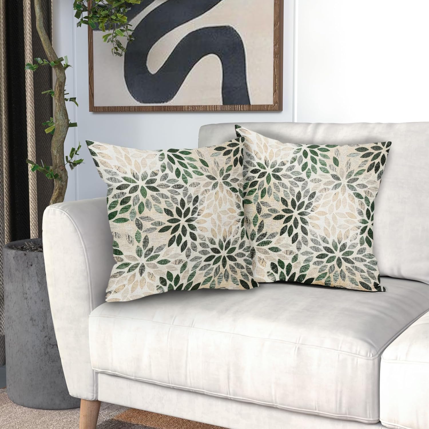 Juego de 2 fundas de almohada de dalia verde de 18 x 18 pulgadas, fundas de almohada cuadradas decorativas de flores geométricas rústicas, fundas de