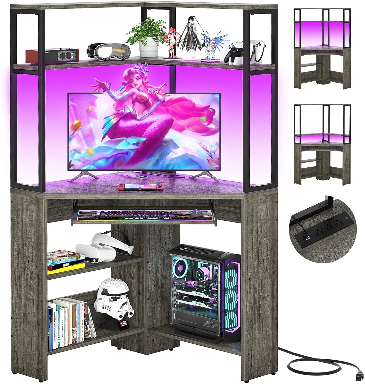 Cyclysio Escritorio esquinero pequeño con gabinete, escritorio de esquina para computadora con tomas de corriente y luz LED, escritorio de esquina