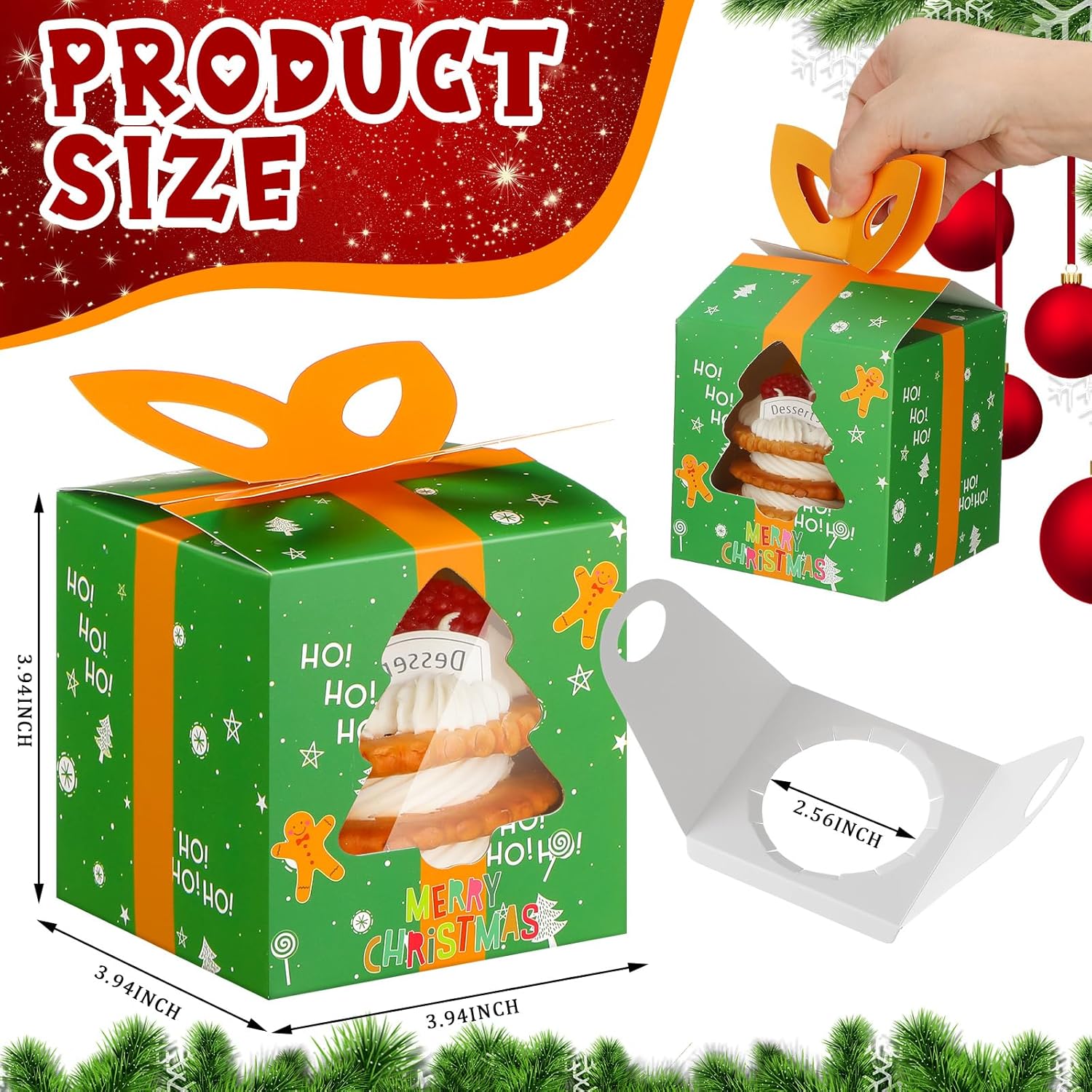 100 cajas individuales para cupcakes de Navidad 3.94, caja para hornear regalo de galletas de Navidad con asa de inserción de ventana, caja de