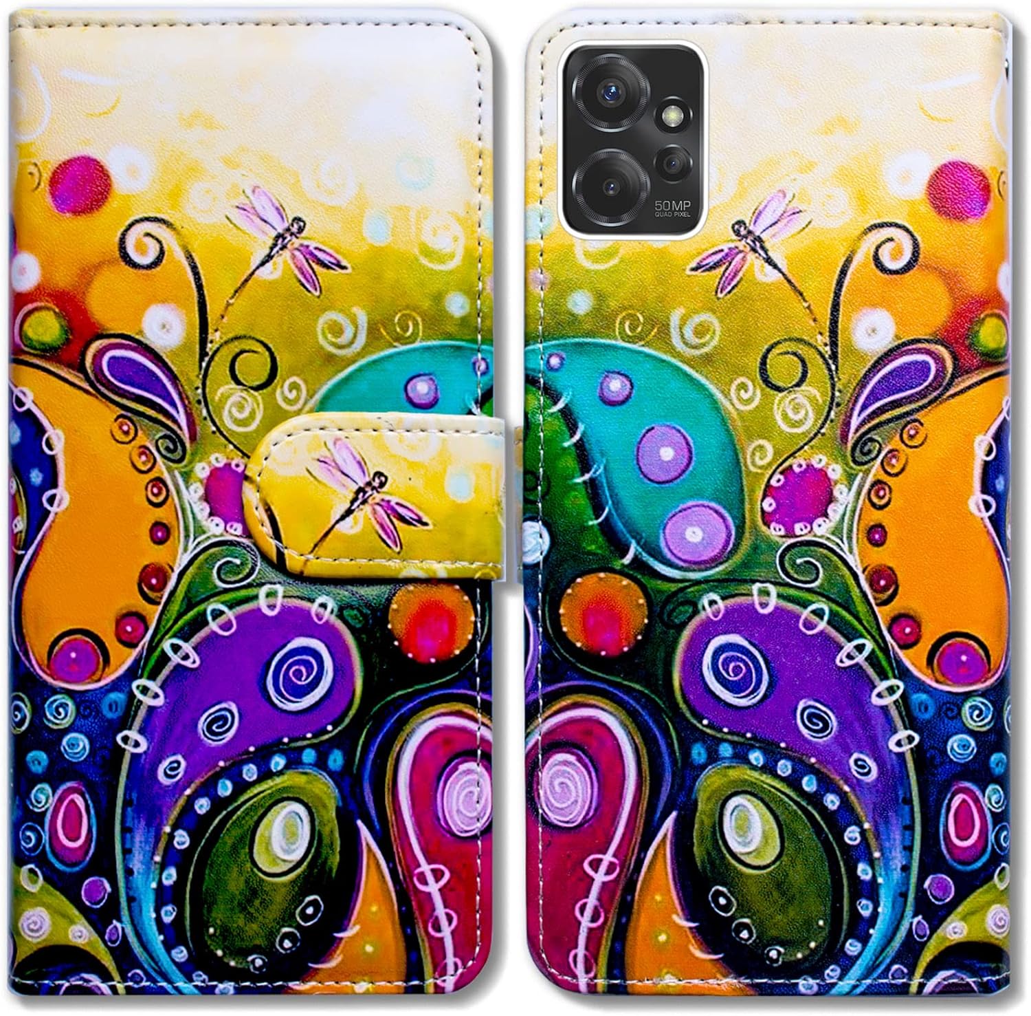 Funda para Moto G Power 5G, diseño de libélula colorida funda de piel con tapa para teléfono con ranura para tarjetas, soporte para Motorola Moto G