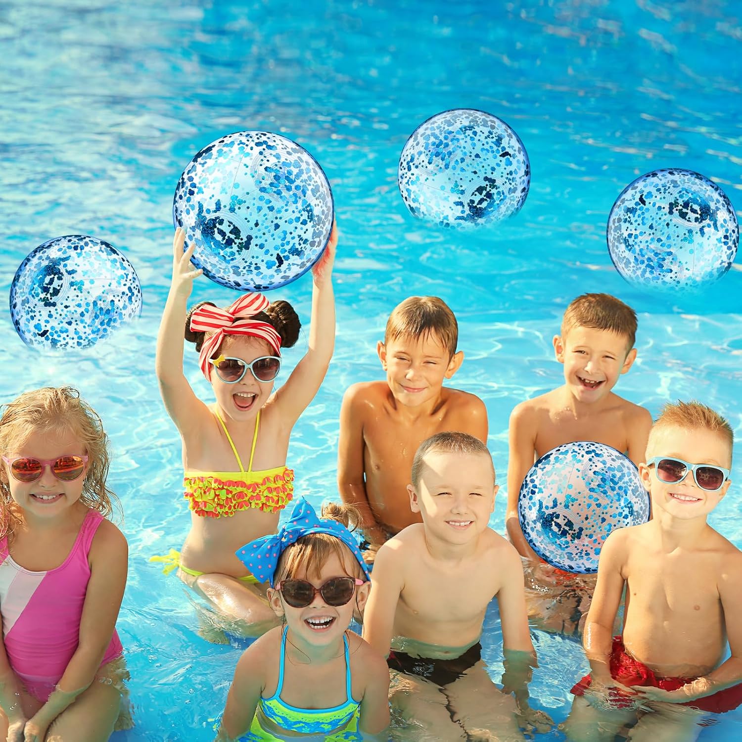 Threan 100 Pack Mini Glitter Beach Ball Bulk 5 Inch Inflatable Sequin Beach Balls Clear Pool Toys Beach Party Decorations with Confetti for Boys