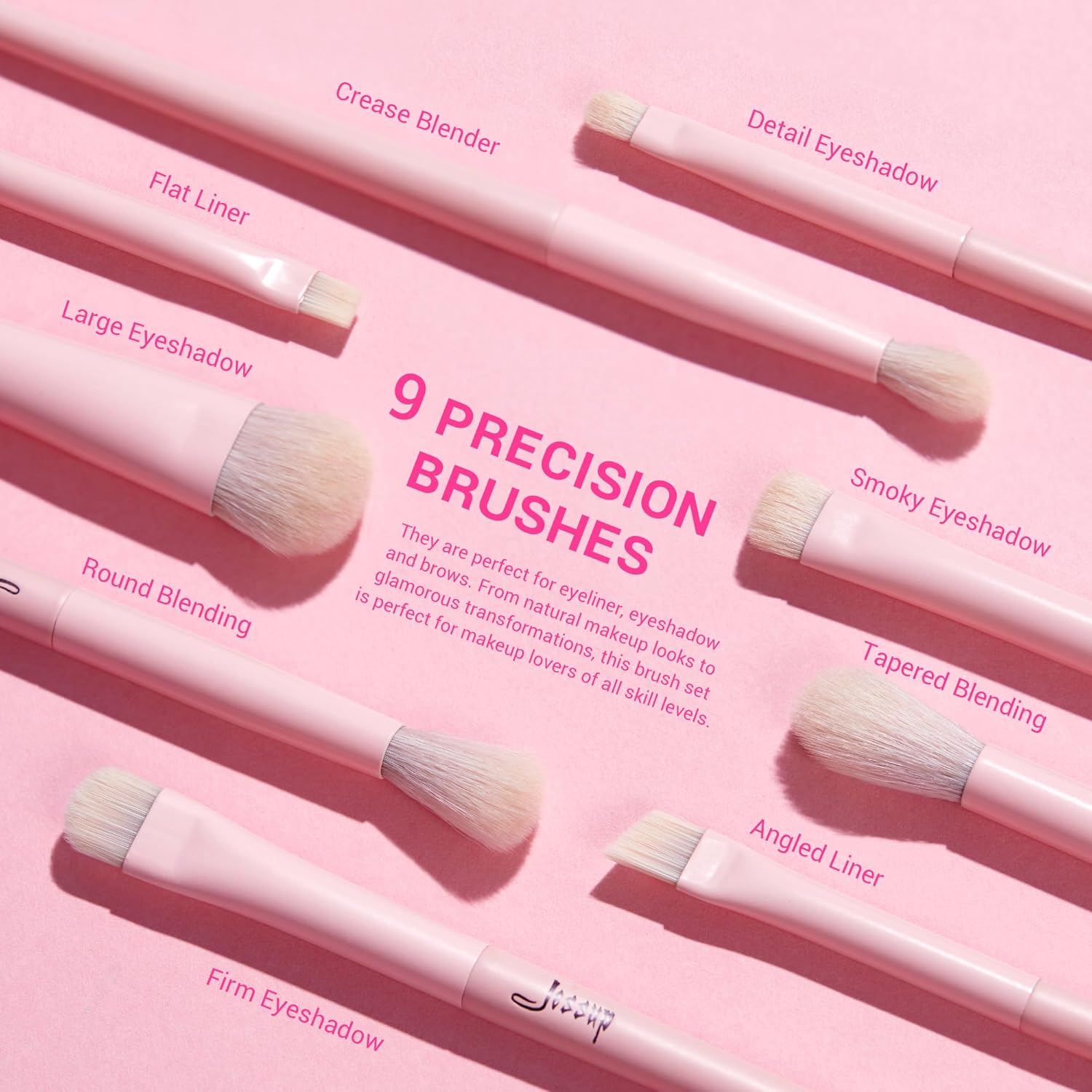 Jessup Juego de 14 brochas de maquillaje rosadas, brochas de maquillaje veganas de primera calidad, corrector de base, rubor, sombra de ojos,