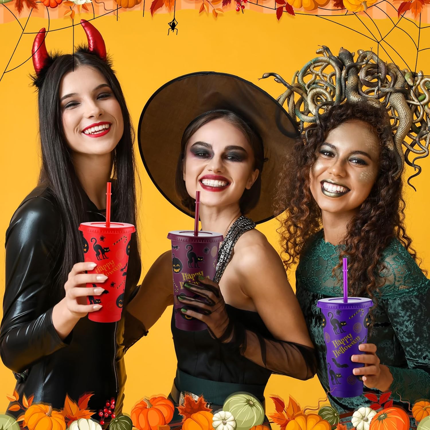 24 vasos de plástico de Halloween con tapas y pajita, vasos reutilizables a granel de 24 onzas con tapa y popote para bebidas frías, vaso colorido