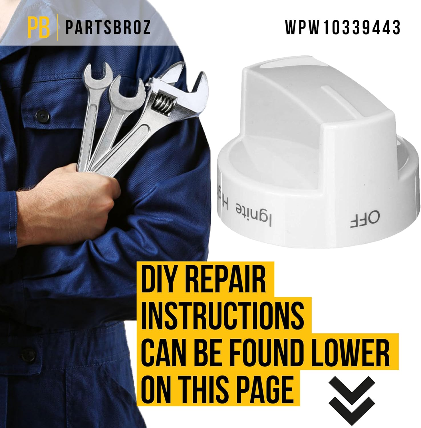 WPW10339443 – Pomo de quemador compatible con Whirlpool Range, sustituye a AP6019878 W10339443 2311009 PS11753189 Reemplazo ultra duradero