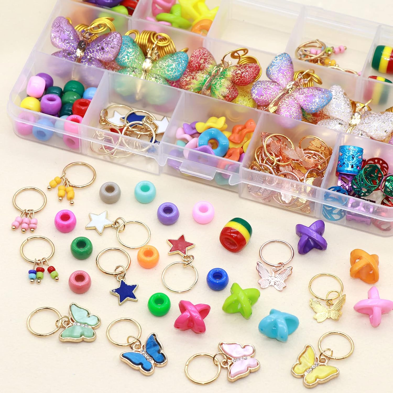 NAISKA 138 piezas de accesorios para rastas de cabello trenzadas de mariposa dorada con cuentas de colores, dijes y colgantes para trenzas, bobinas