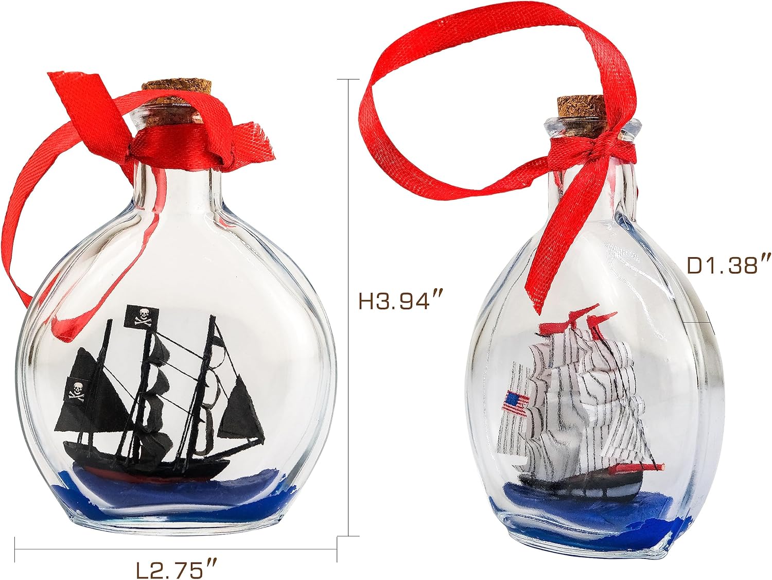 SAILINGSTORY – Juego de 2 adornos náuticos de Navidad para barco en botella USS Constitution y barco pirata