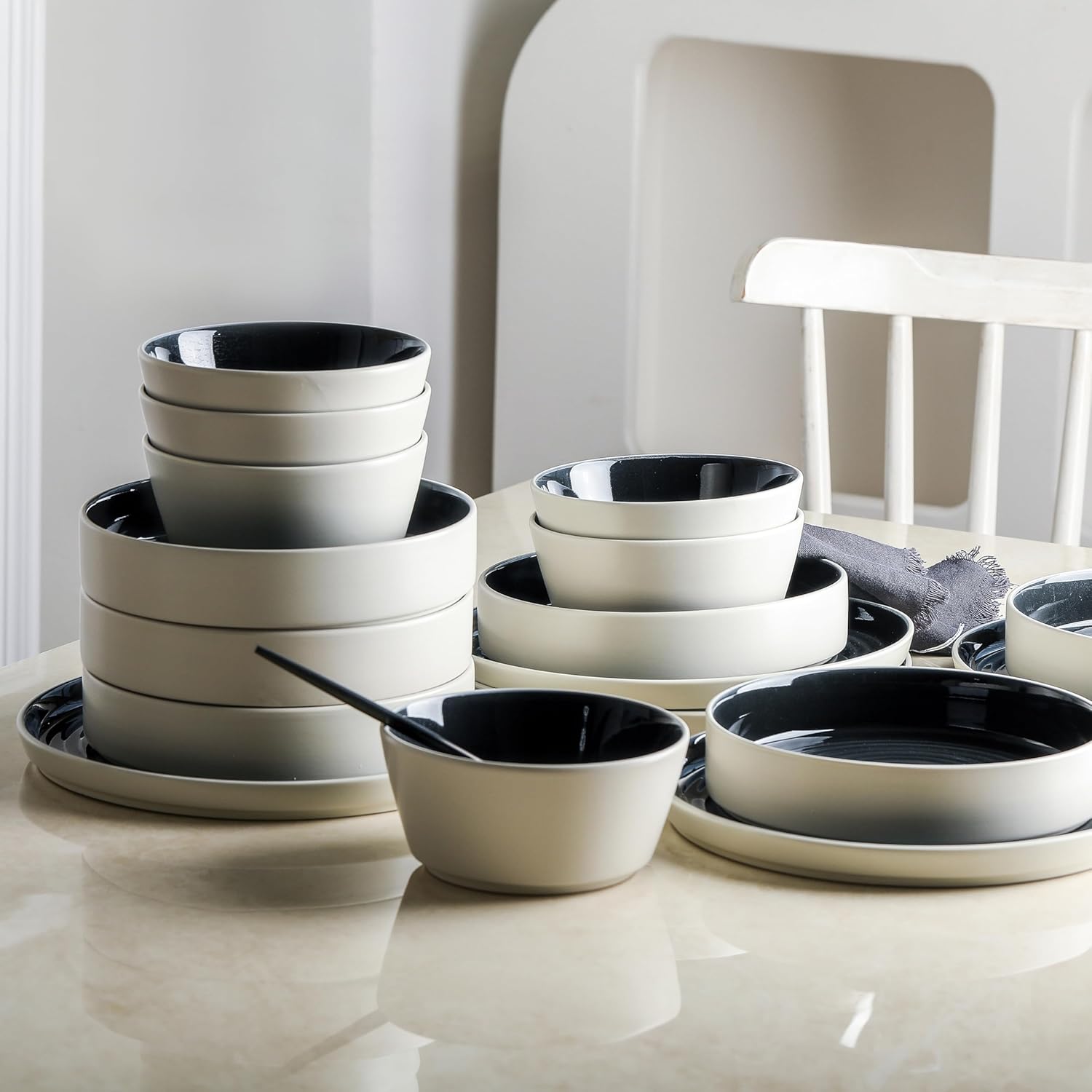 Stone Lain Elica – Vajilla de 12 piezas de gres, color negro y beige