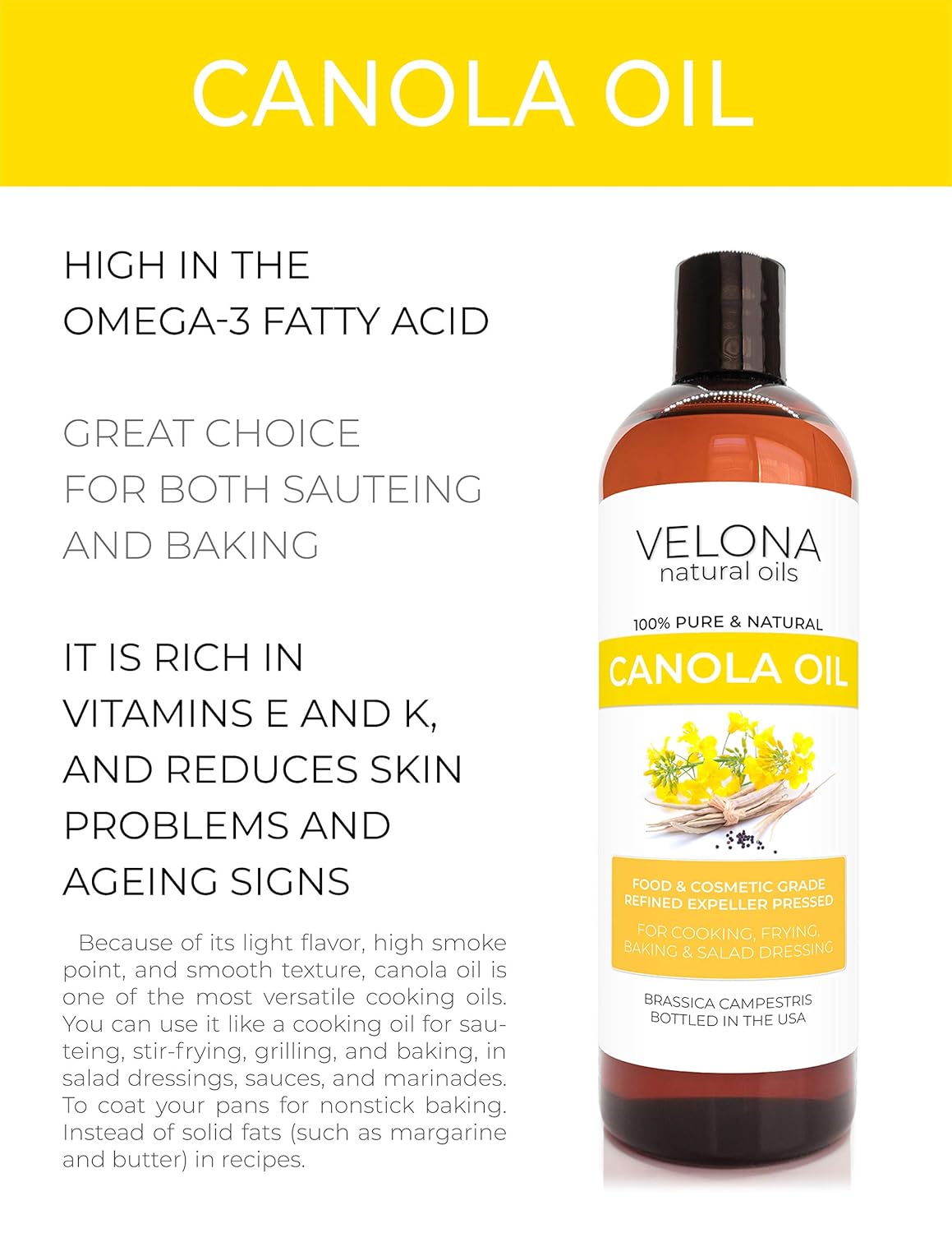velona Aceite de semilla de canola de 2 onzas  Aceite portador 100% puro y natural  Refinado, prensado con expulsor  Cocina, aderezo, piel, cara,