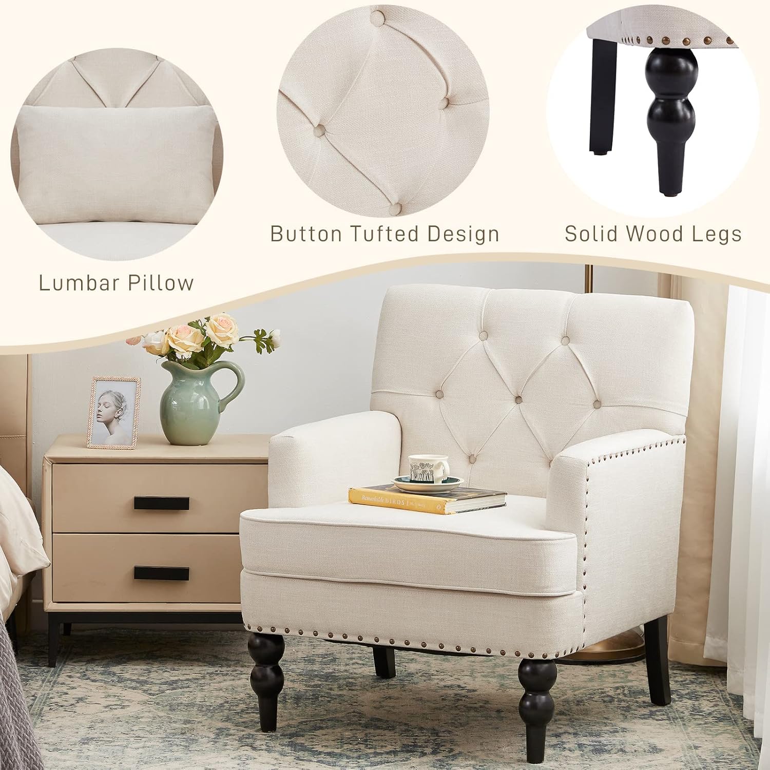 HUIMO Silla de club copetuda, silla decorativa con almohada lumbar, sillón tapizado con botones, sillas de tela de lino para dormitorio, sala de