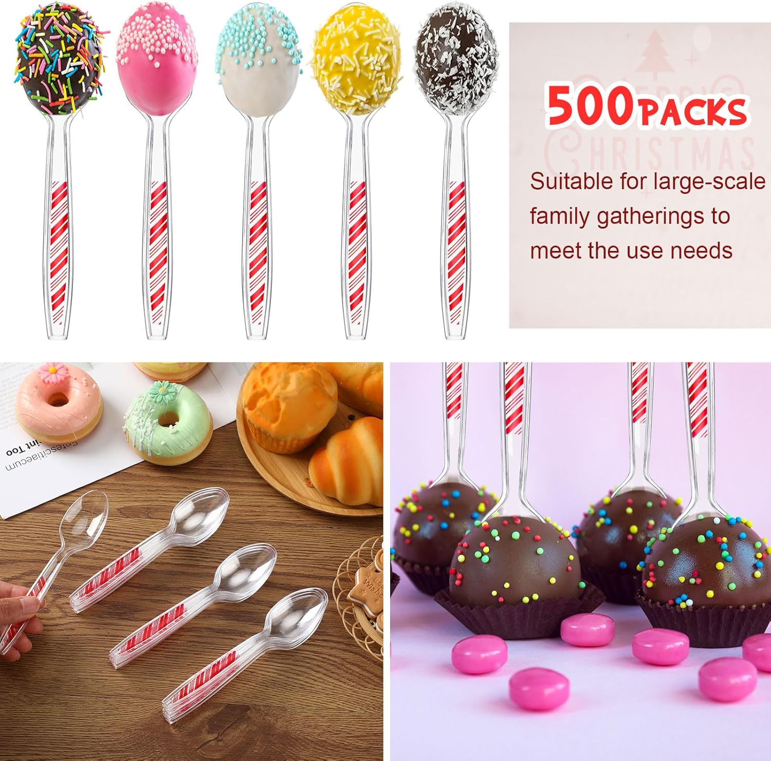 Paquete de 100 cucharas desechables de plástico transparente de Navidad de 6 pulgadas con patrón de rayas rojas, utensilios transparentes para
