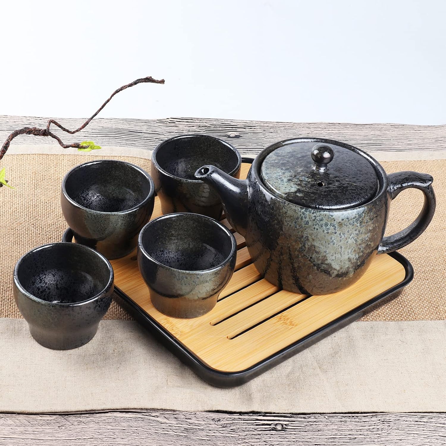 Hannah Choice Juego de té japonés de cerámica, juegos de té negro con 1 tetera, 4 tazas de té, 1 bandeja de té, 1 infusor de acero inoxidable,