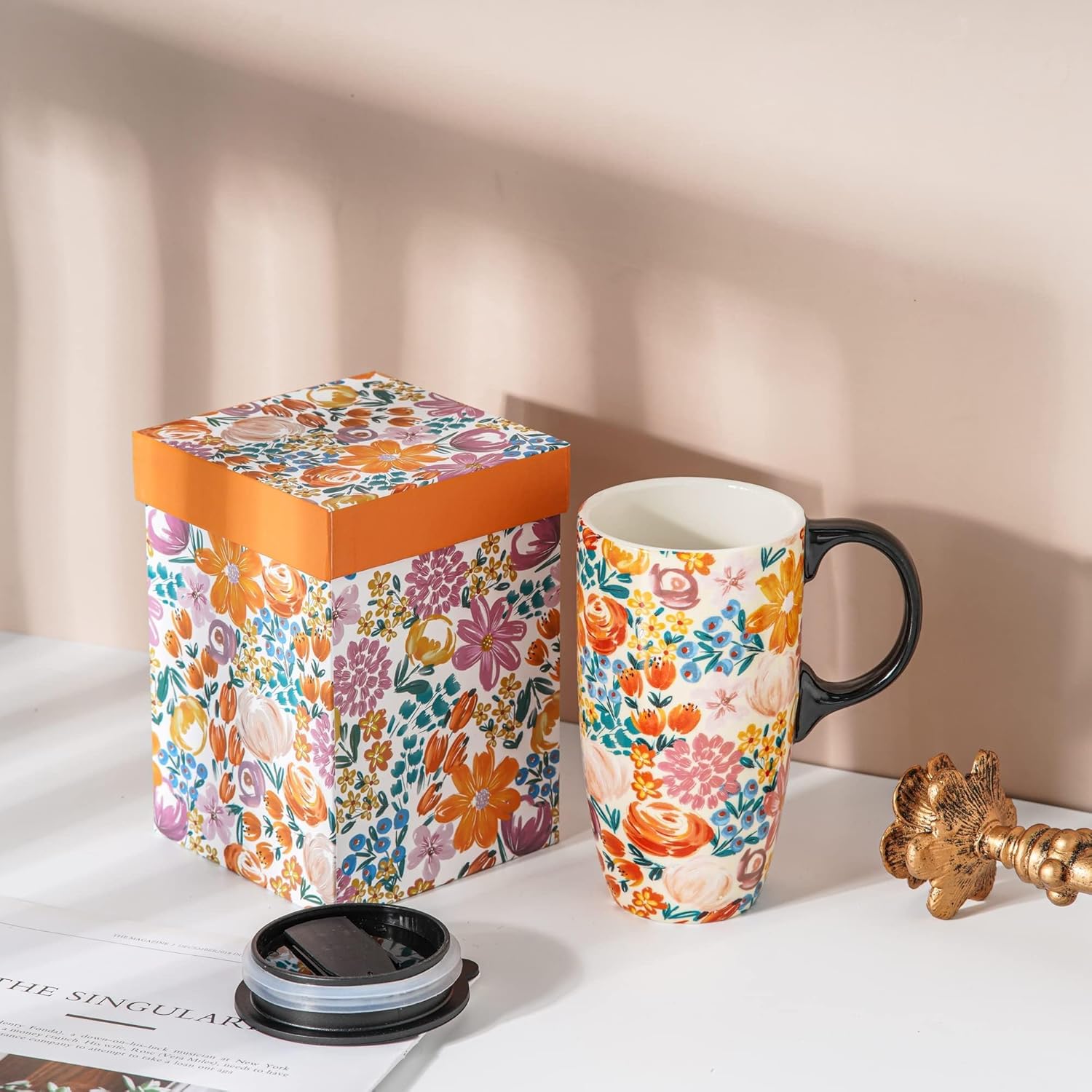 Topadorn Taza de viaje de cerámica de 17 onzas con tapa deslizante y asa resistentes a las salpicaduras, taza de café de cerámica grande para