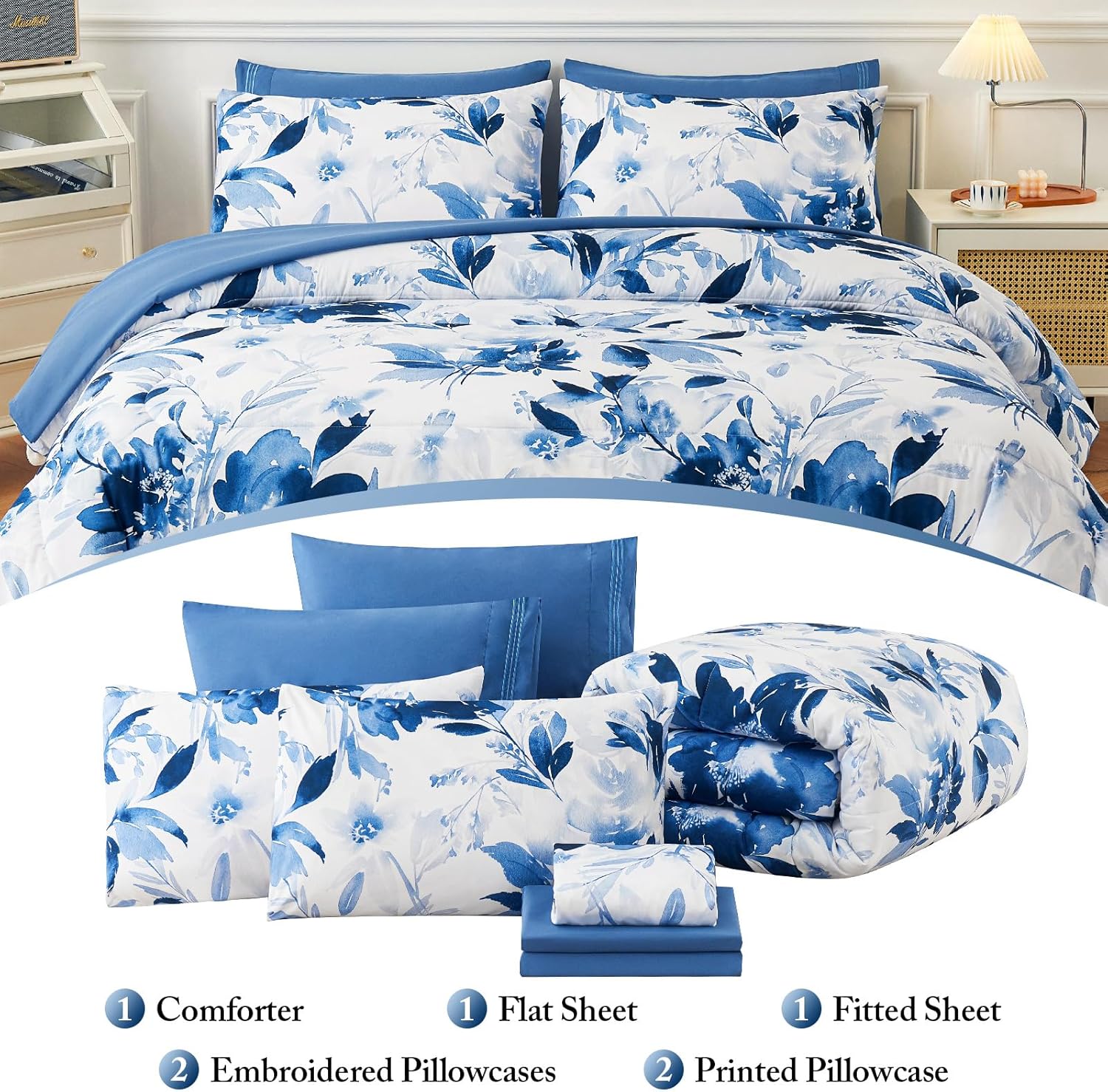 YIYEA Juego de edredón tamaño King  Estampado floral  7 piezas de cama en una bolsa  Juegos de ropa de cama para todas las estaciones con edredón,