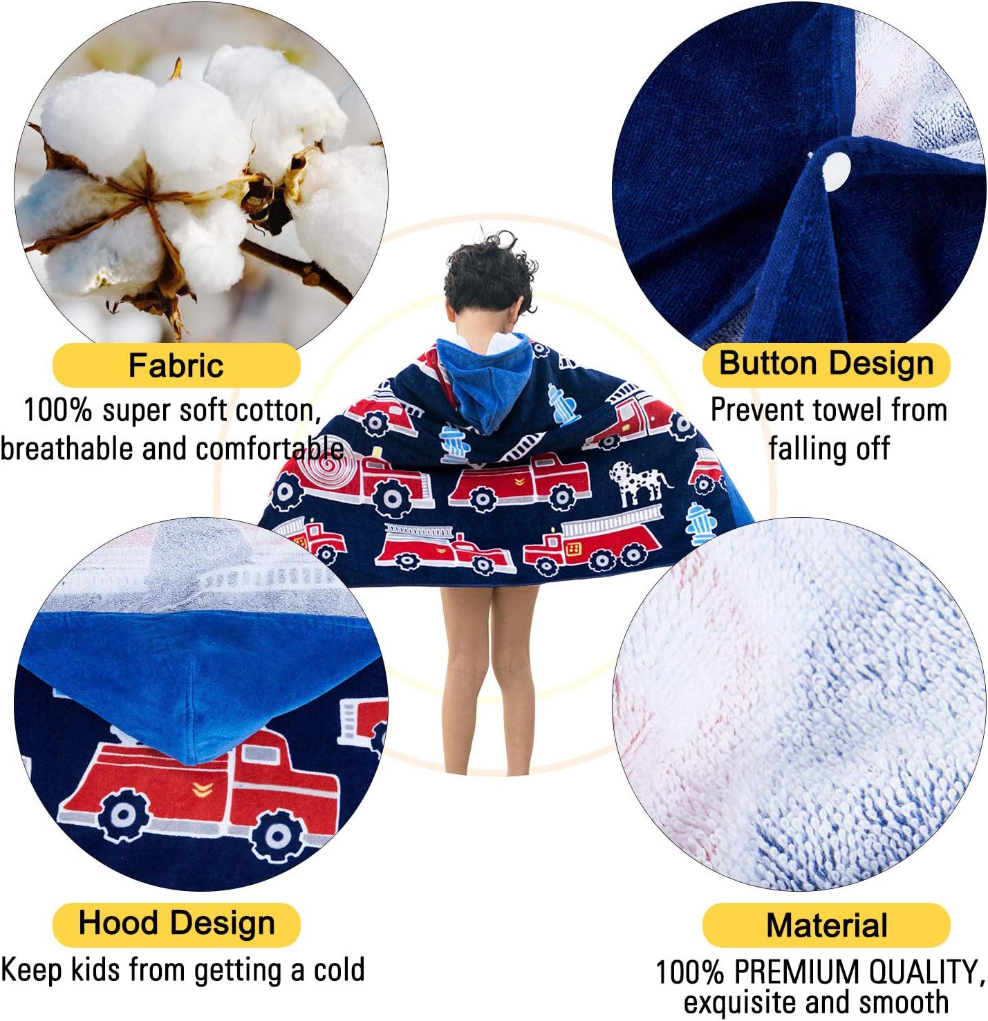 Wowelife Toallas de playa para niños, toallas con capucha para niños, toalla tipo poncho, 100% algodón de primera calidad, suave y transpirable,