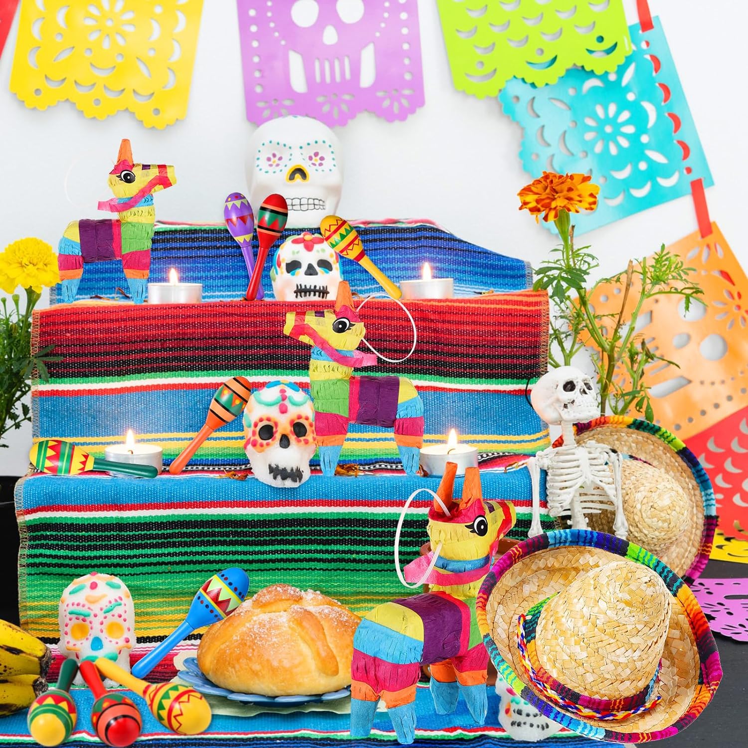 Hungdao 24 piezas de decoraciones de fiesta mexicana, incluye mini piñata de burro, maracas de fiesta de madera para niños, mini sombrero, sombreros