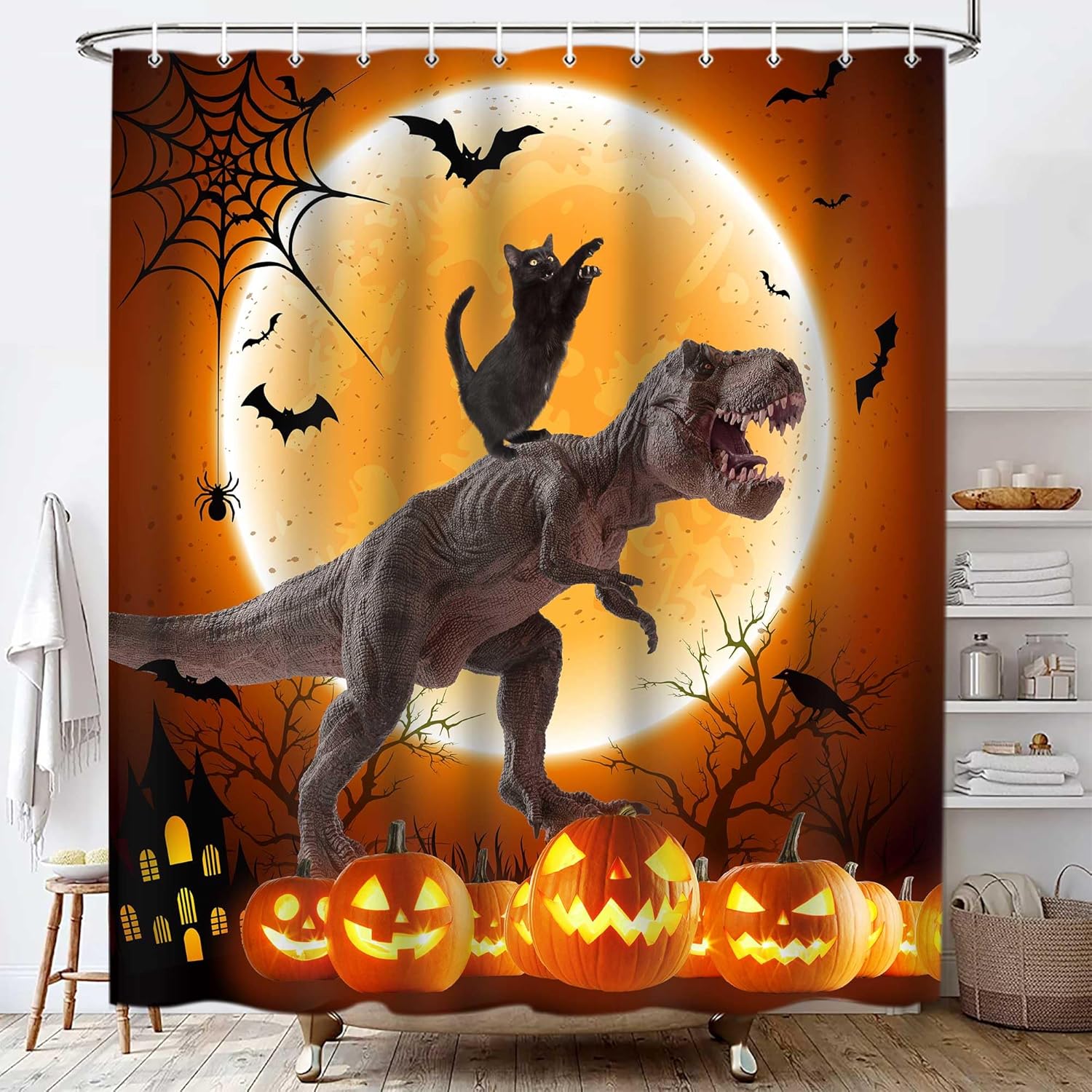 Cortina de ducha de gato de Halloween, divertido juego de cortina de ducha de dinosaurio para niños con temática de gato negro, diseño de decoración