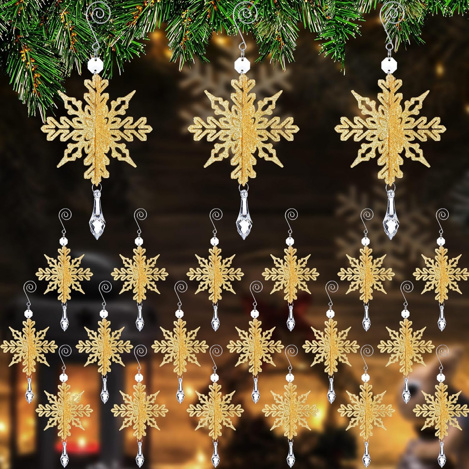 Soaoo 36 adornos de copo de nieve 3D con purpurina 3D, decoraciones para árbol de Navidad, decoraciones colgantes de copo de nieve, adornos de