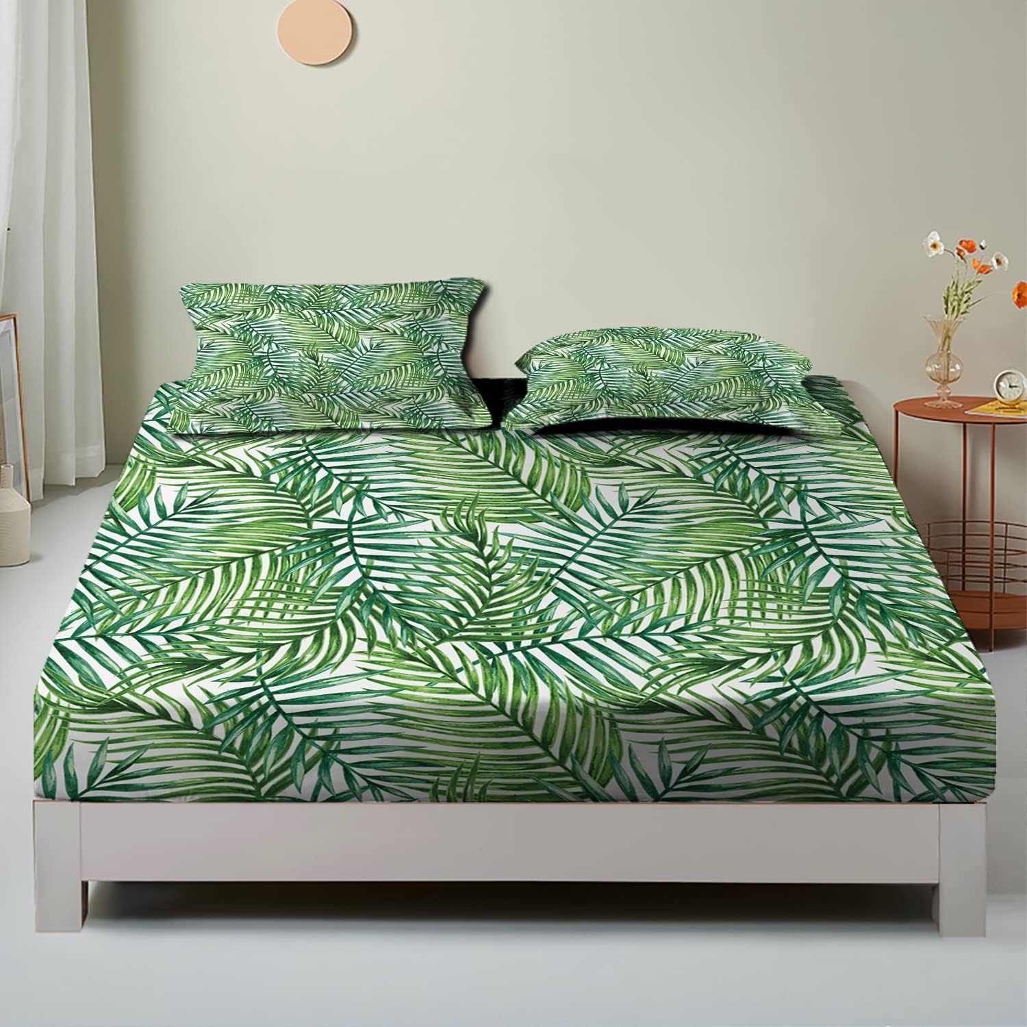 Juego de sábanas bajeras tamaño matrimonial, diseño botánico de palmeras salvajes, juego de ropa de cama de 3 piezas con estampado decorativo,
