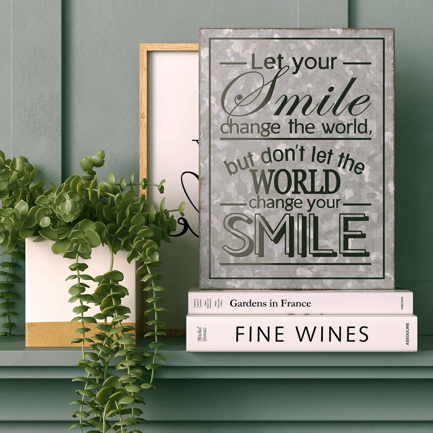 Barnyard Designs Cartel de metal con texto en inglés “Let Your Smile Change the World” para decoración de escritorio inspiradora positiva,
