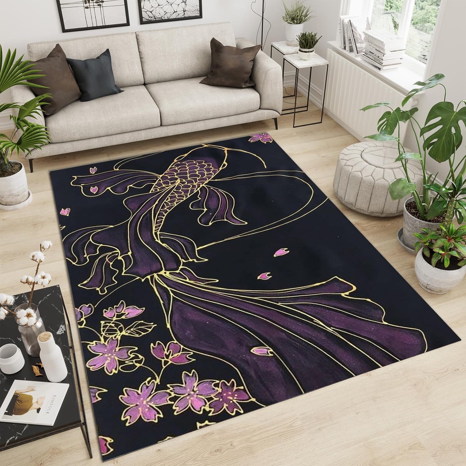 Alfombras de estilo chino, pintura en acuarela, arte de peces koi, alfombra grande, moderna que no desprende pelusa, alfombra plegable