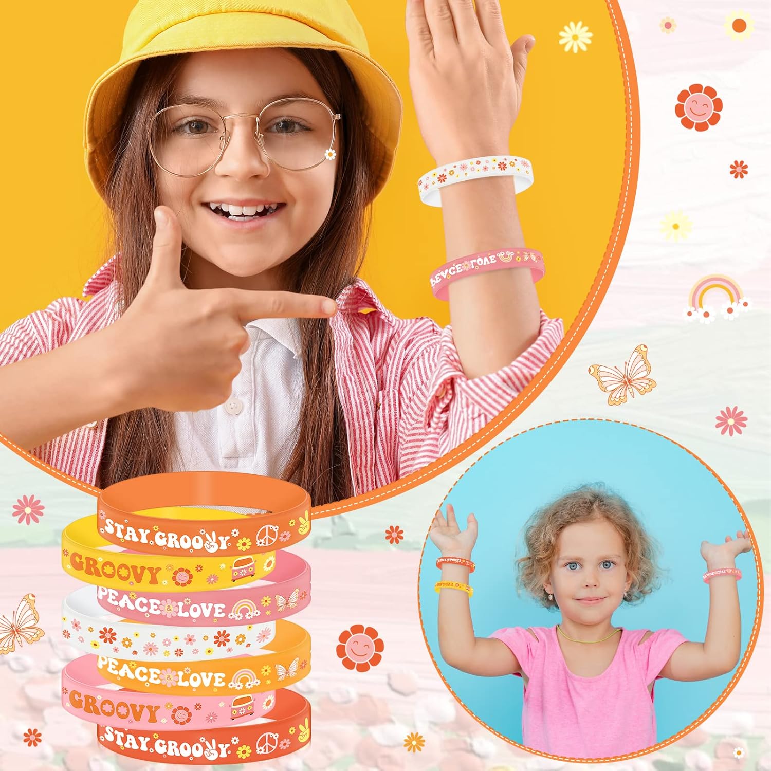 Hippie Boho Silicone Bracelets Stay Groovy Wristbands Retro Hippie Rainbow Bracelets Daisy Flower Peace Sign Wristbands for Girl Kid Boho Two Groovy