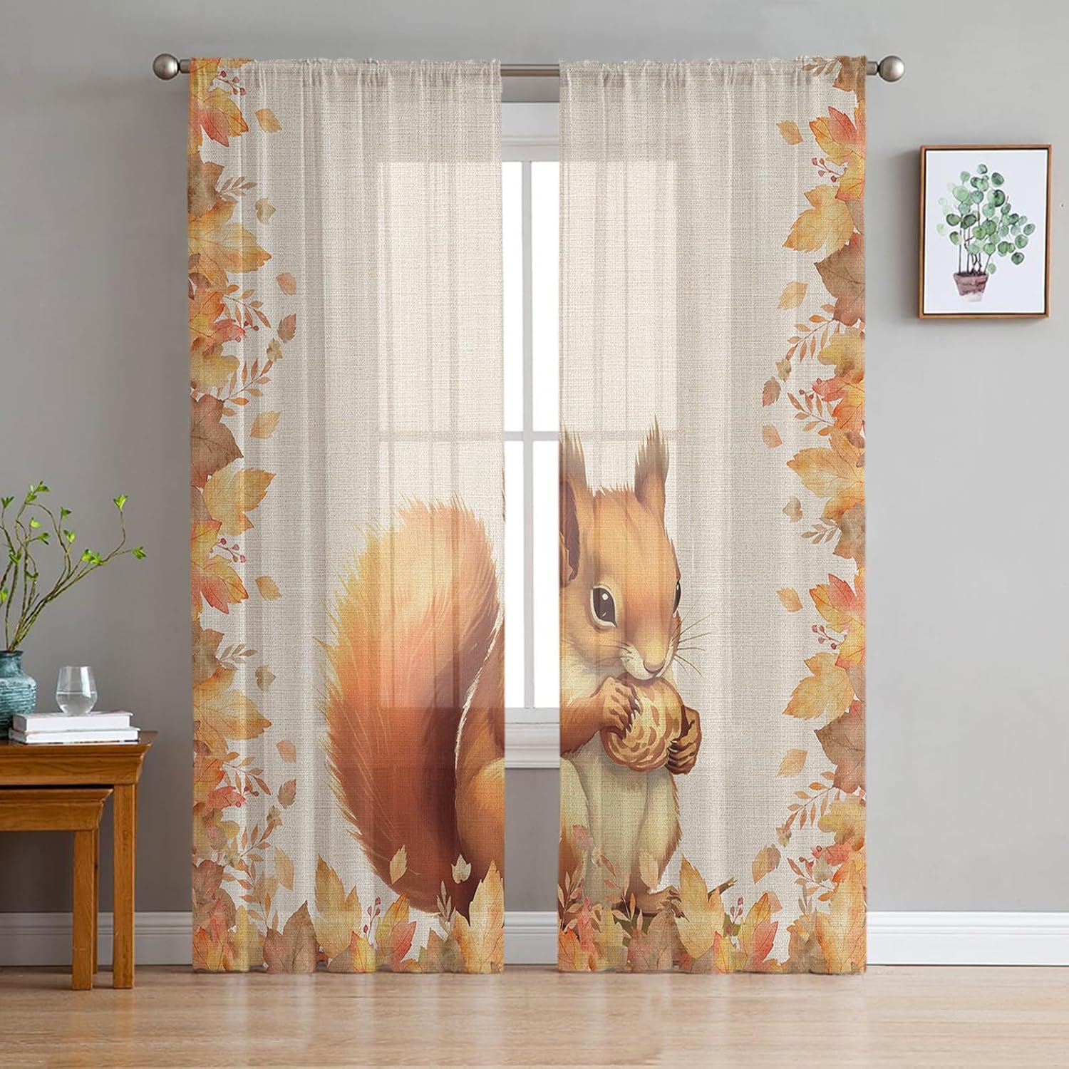 Thanksgiving Squirrel Voile Sheer Curtain 63 Inch Rod Pocket Kitchen Cafe Chiffon Window Curtain Panels Tulle Drape Curtains for Bedroom Living