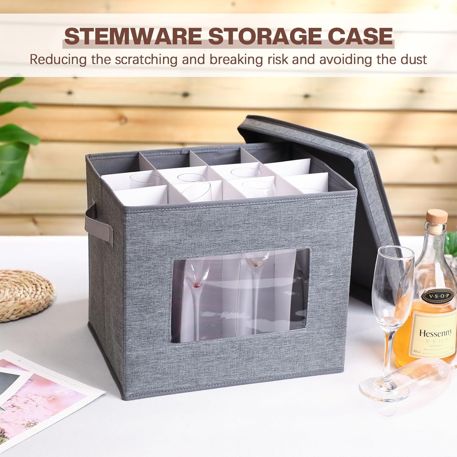 4 cajas de almacenamiento de copas de vino con divisores, 12 compartimentos, cajas de almacenamiento de vasos de China, caja de almacenamiento de
