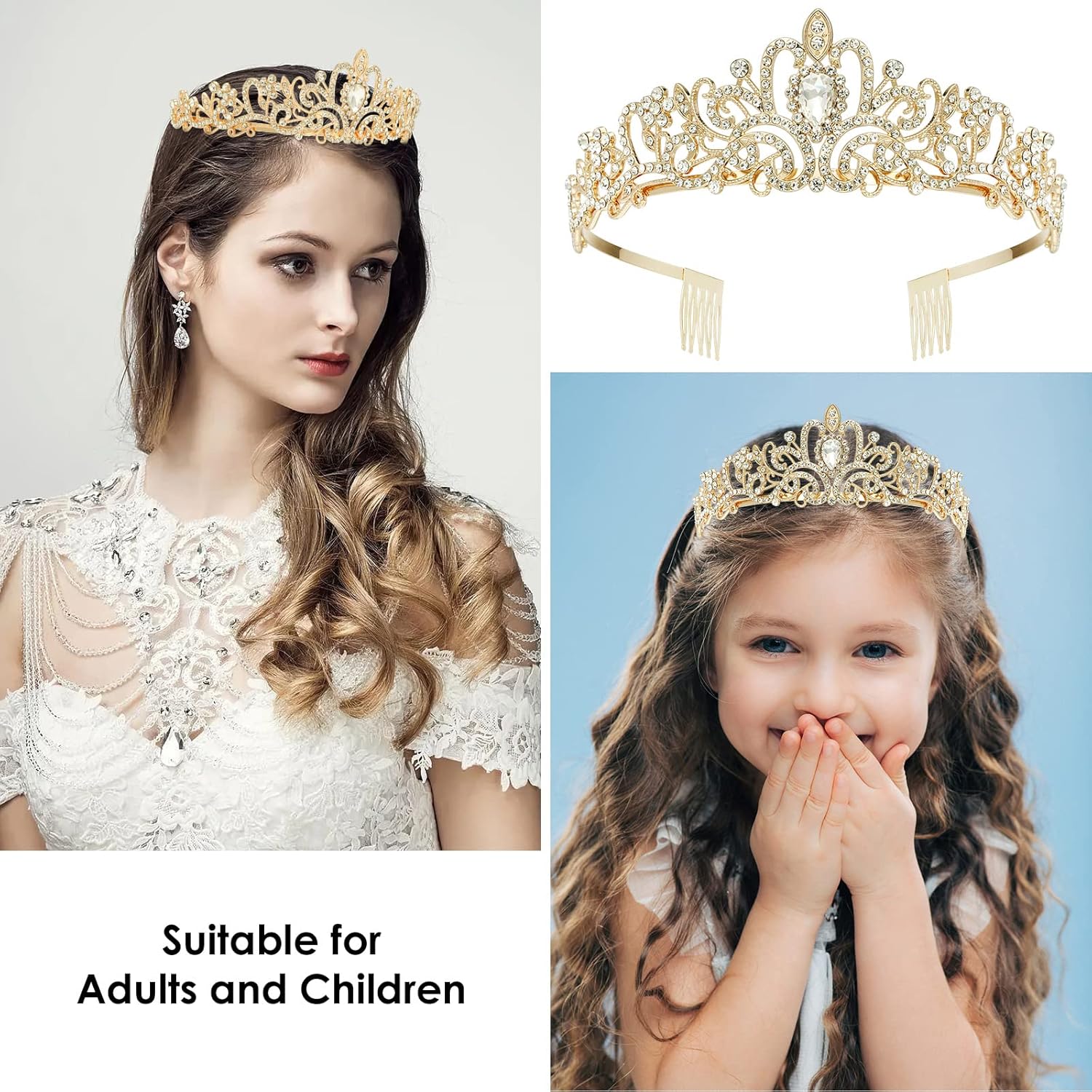 Makone Corona dorada de princesa de cumpleaños con banda de reina de cumpleaños para mujeres o niñas, diadema de cristal, accesorios para el cabello