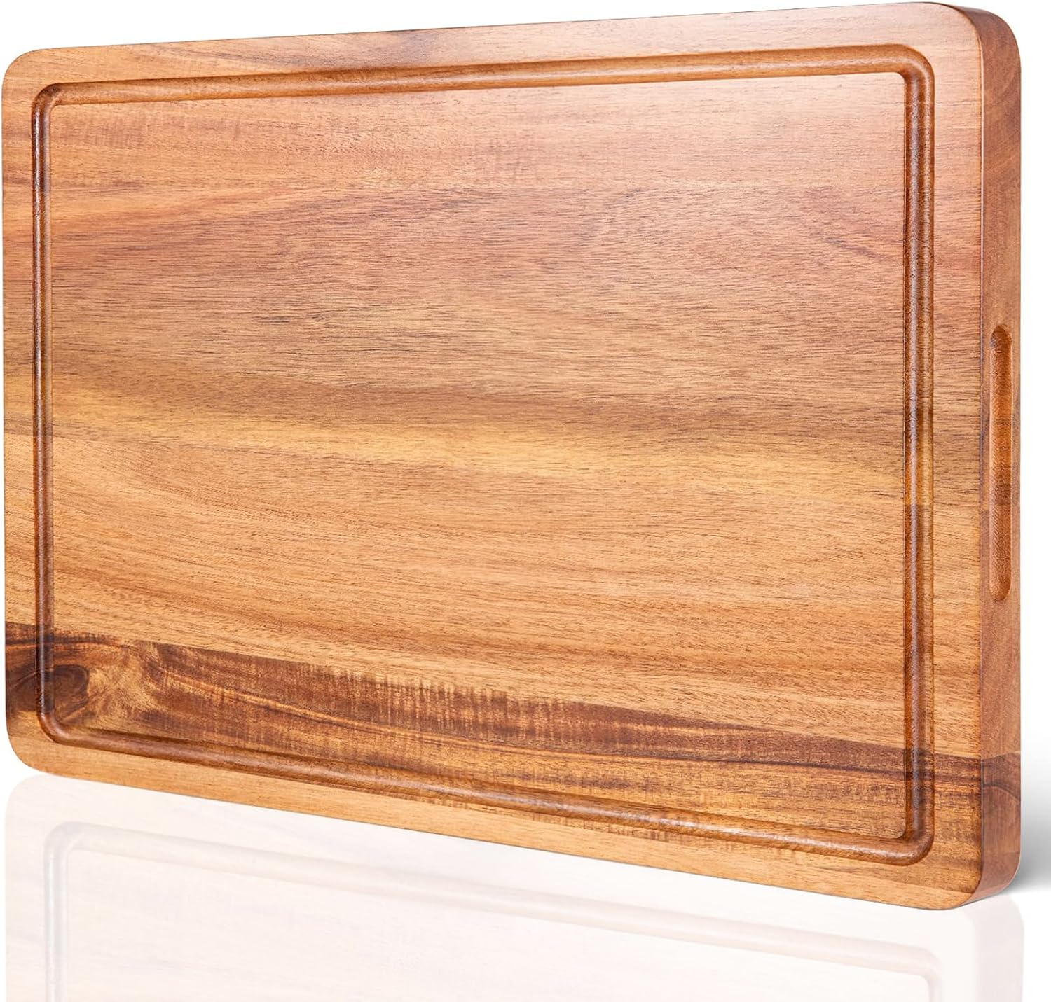 Tabla de cortar de madera de acacia prémium para cocina, con ranura para jugo y asas prácticas (mediana 15 pulgadas de largo x 10 pulgadas de ancho