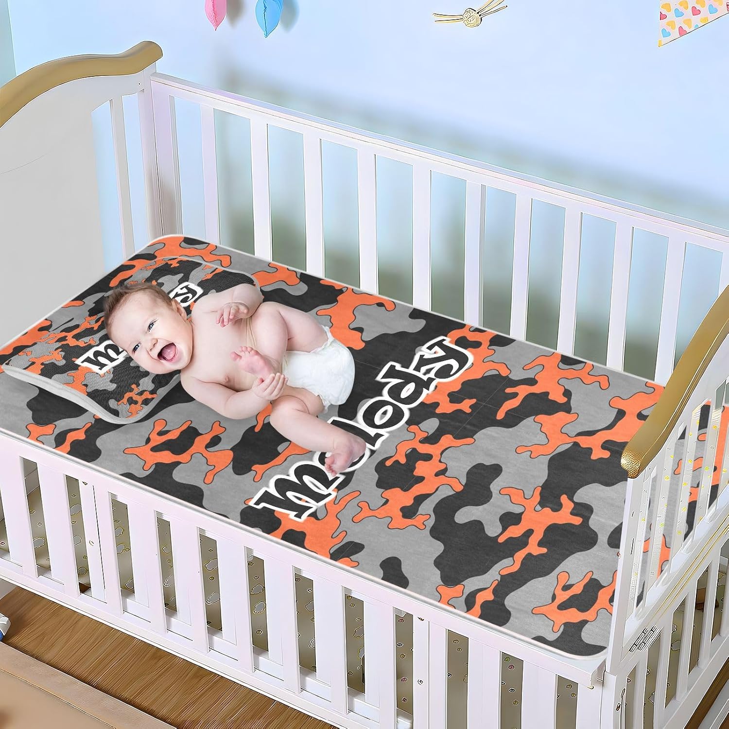 Custom Camouflage Black Orange Crib Mattress Protector Pad for Boys Girls Baby Ice Silk Mat Bed Mattress Protector Pad Cooling Mattress Topper for