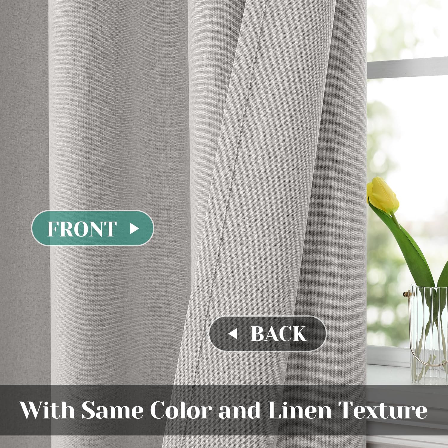 HOMEIDEAS Cortinas opacas 100% de lino beige claro para dormitorio, cortinas de 52 x 63 pulgadas de largo, 2 paneles para sala de estar, lino