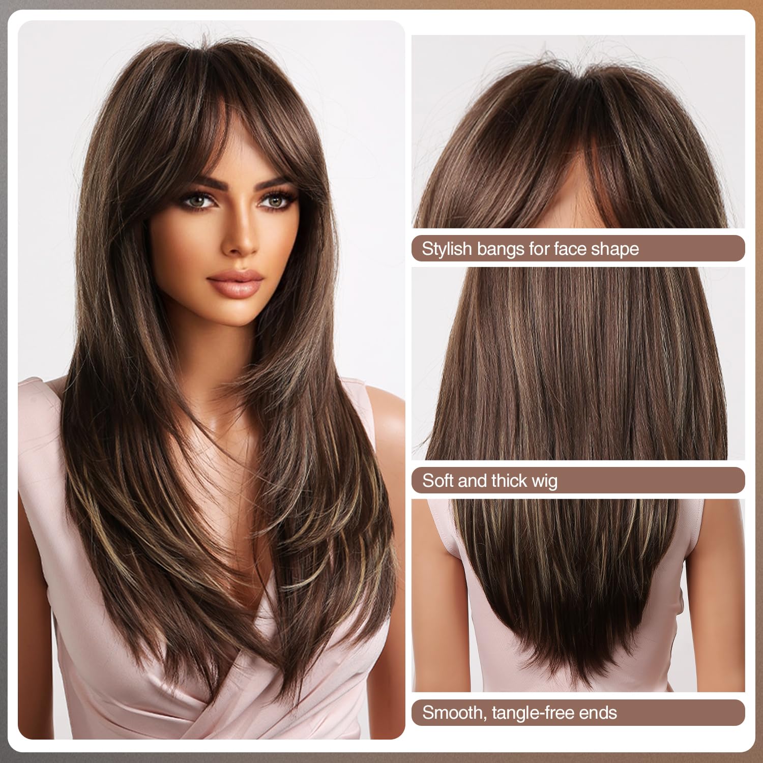 Kikone Pelucas largas rubias castañas con flequillo, peluca de 24 pulgadas de largo y lacia para mujer, peluca de cabello sintético con reflejos