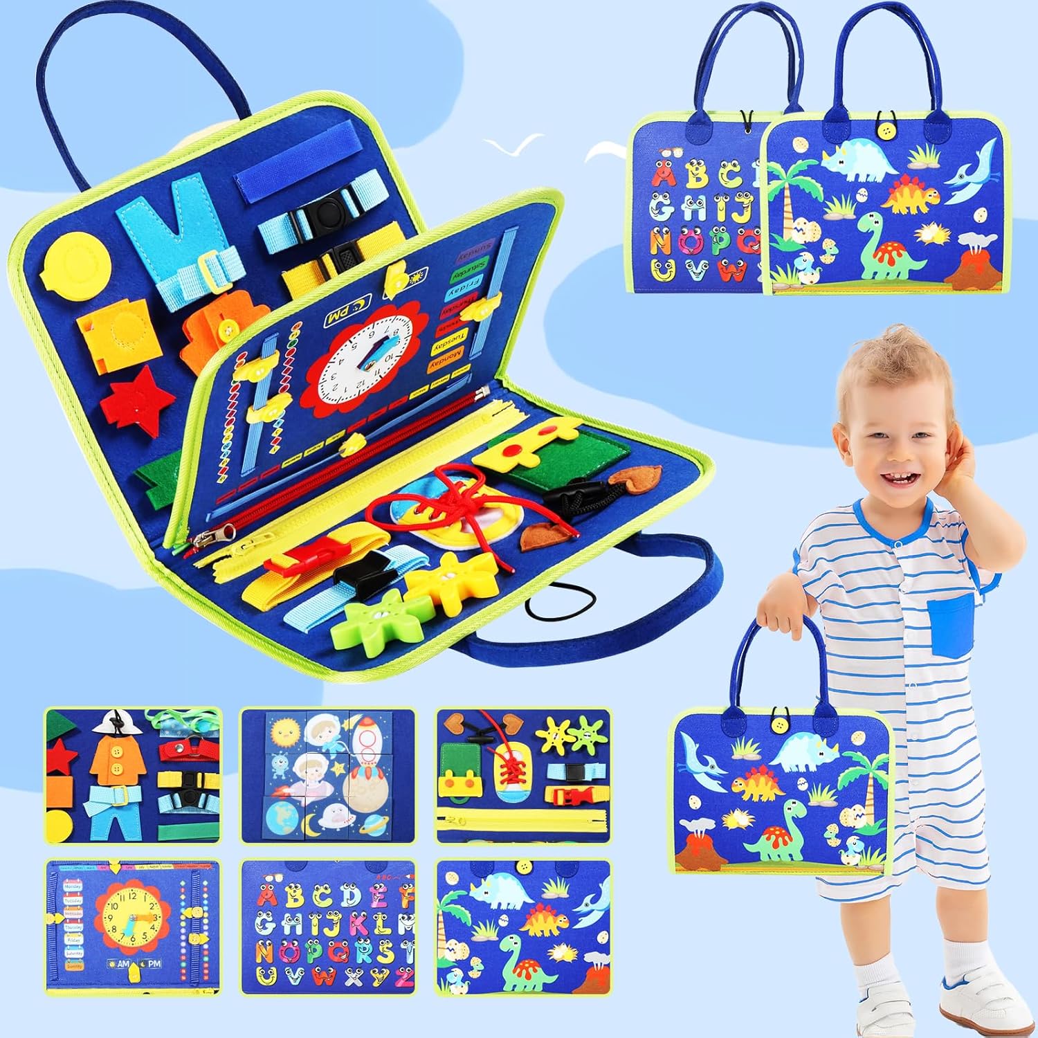 Tablero de actividades, tablero de actividades para niños pequeños de 1 a 4 años, juguetes Montessori para niños pequeños, color azul, 6 páginas