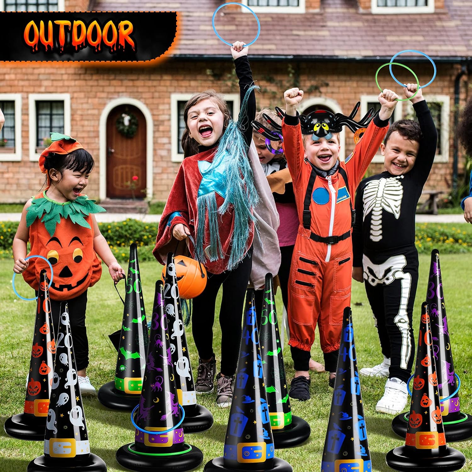 31 piezas de juegos de fiesta de Halloween, juego de lanzamiento de anillos de Halloween, sombrero de bruja inflable, incluye 10 sombreros de bruja