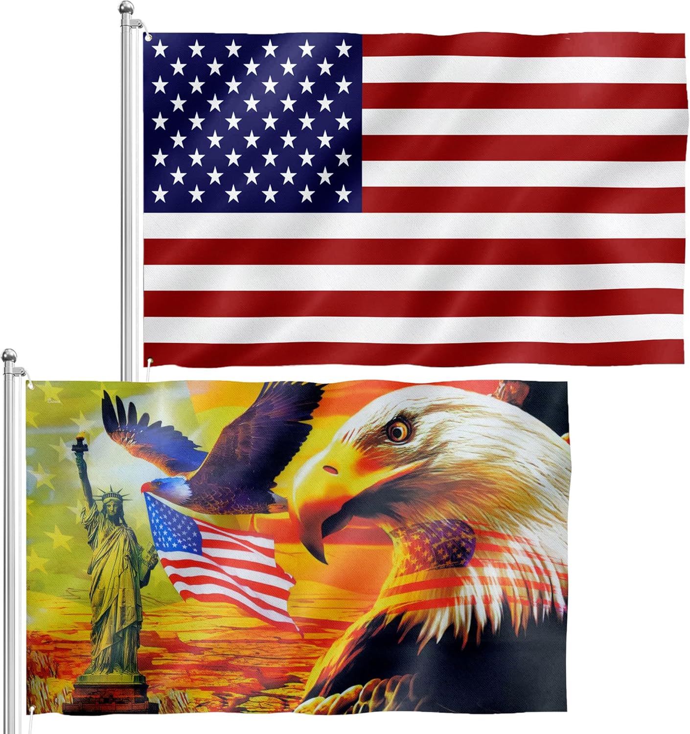 FLAGWIX Paquete combinado bandera estadounidense de 3 x 5′ y bandera patriótica de águila de 3 x 5′ para exteriores con ojales, tela de lona de