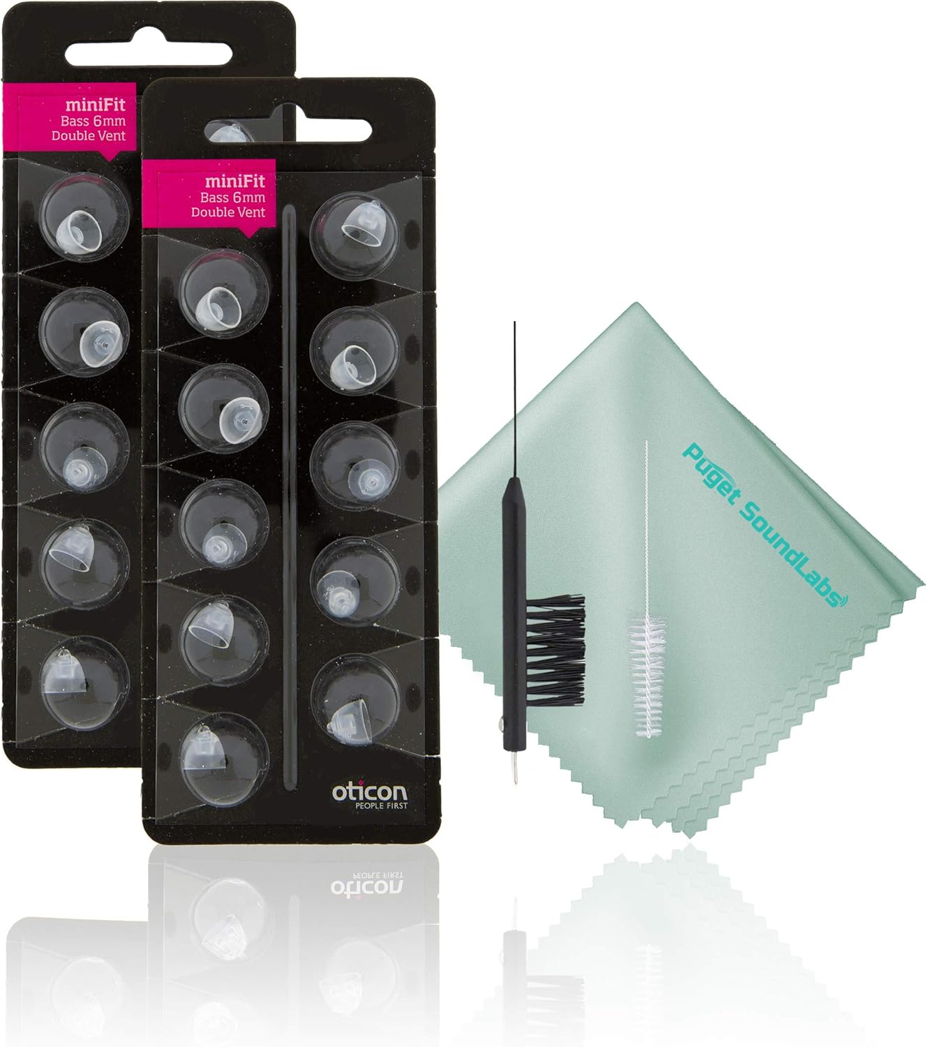 Oticon Minifit – Cúpulas pequeñas para graves de doble ventilación de 0.236 in, paquete de 20 unidades con kit de herramientas de limpieza para