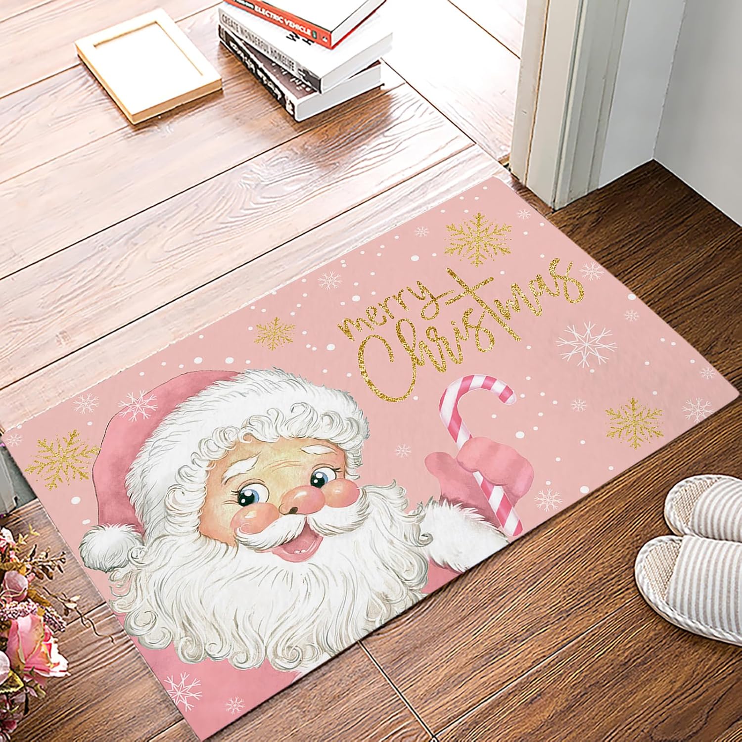 Tapete de interior, tapete de entrada, tapete de entrada con textura rosa de Papá Noel, tapete antideslizante de bienvenida absorbente para cocina,