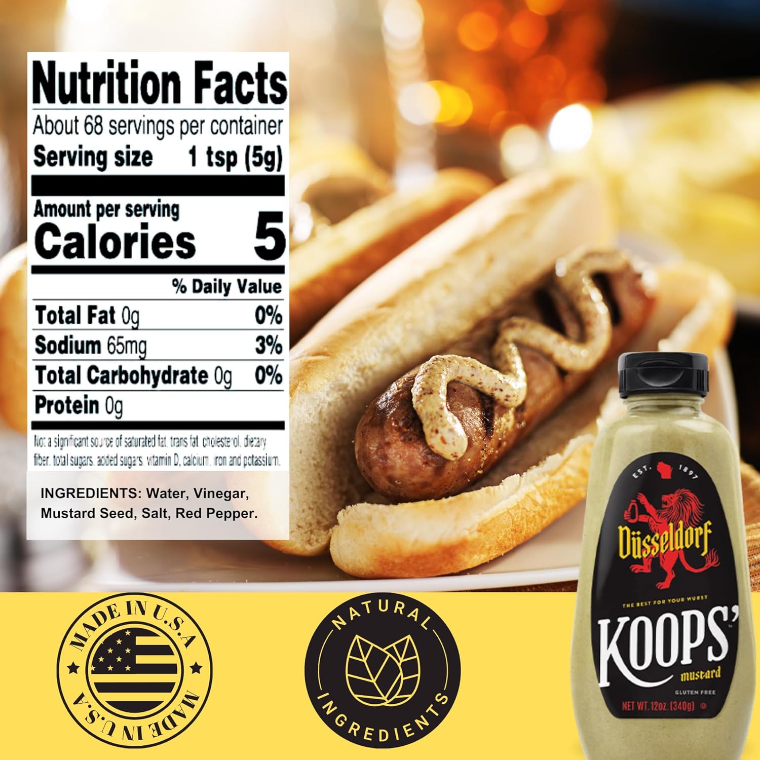 Koops’ Mostaza Dusseldorf – Mostaza Bratwurst de estilo alemán, sin gluten, kosher, fabricada en Estados Unidos, a partir de semillas de mostaza de
