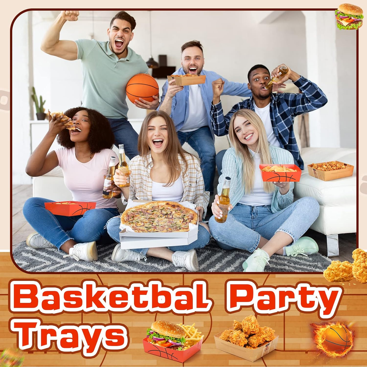 Paquete de 100 bandejas de papel de baloncesto de 5 libras, platos de baloncesto grandes, botes de comida, cuencos de baloncesto desechables,