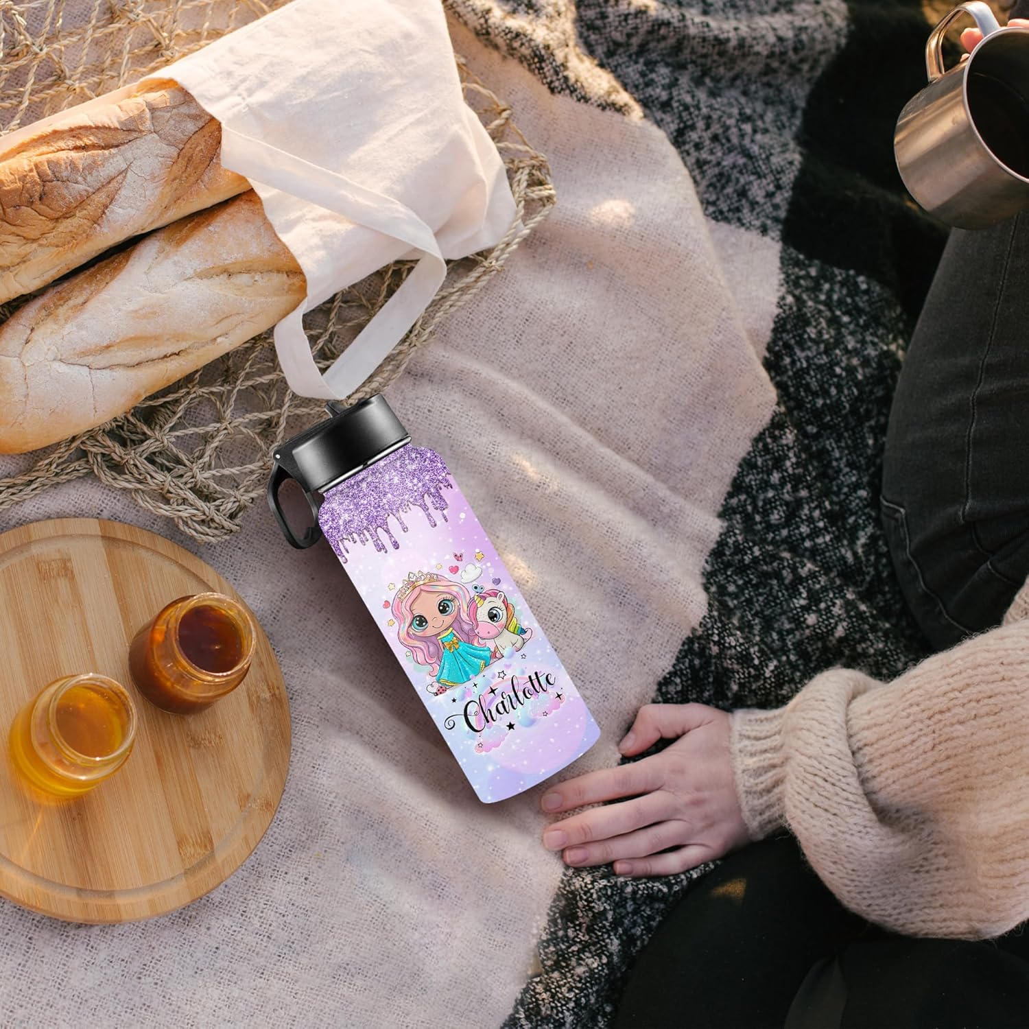 Botellas de agua personalizadas de acero inoxidable con tapa de pajilla, botella de agua de color degradado personalizada con taza de nombre para